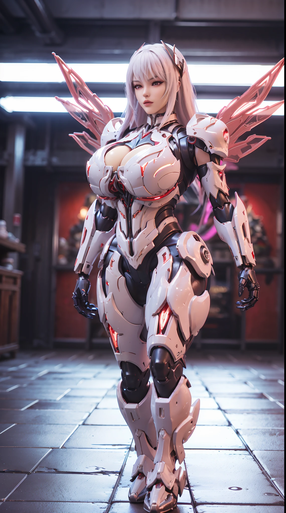 (DRAGON HEAD), HUGE FAKE BOOBS, (BEAUTIFUL FACE), (WHITE HAIR), (RED:1.2, BLACK:0.8, MECHA ARMORED GEAR), (((A PAIR OF HUGE MECHANICAL WINGS SPREAD OUT))), FUTURISTIC DRAGON MECHA SUIT, (CLEAVAGE), (SKINTIGHT YOGA PANTS), (PERFECT BODY:1.2), (FULL BODY VIEW), FRONT, (STANDING:1), SEXY MUSCULAR BODY, MUSCLE ABS, UHD, 8K, 1080P.