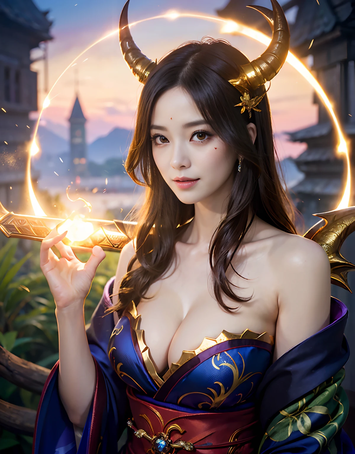 (((masutepiece,))),Professional , masterpiece、top-quality、photos realistic , depth of fields 、Raw photo、1a person、glowy skin、(sexypose)、(Maple in full bloom),(Ultimate Beauty)、A dark-haired、Mystical expression、ultrasharp、(a temple background),()、(shrine background)、(Kimono with beautiful blue pattern)、(Night background)、Beautiful hair ornament on the head、,(intense fighting),((Precipitous cliffs)),(Wear a beautiful colorful kimono),(Wear a colorful and beautiful kimono)、(Japan Castle Background)、Jewel Gold Weapon、Particles of light),(intense fighting)、Gorgeous gold weapons ,Castle background、(( Gorgeous Dragon Sword)) , (a dark night),,(maikurobikini) 、((Black Haired Beautiful Girl))、(Castle background)、(demonic wings)、((Gangle's forest background))、Beautiful Caucasian beauty、1a person、dynamic ungle,(((Two devil's horns on the head)))、Smaller head、Idle Smile、Thin and beautiful female hands、Mystical expression、Light Effects、intense fighting、Wind-effect、magic circles、With the legendary magic wand、Dragon's tail、Anatomically correct fingers、Full Body Angle、Anatomically correct number of fingers、Full Body Angle、(cleavage of the breast)、