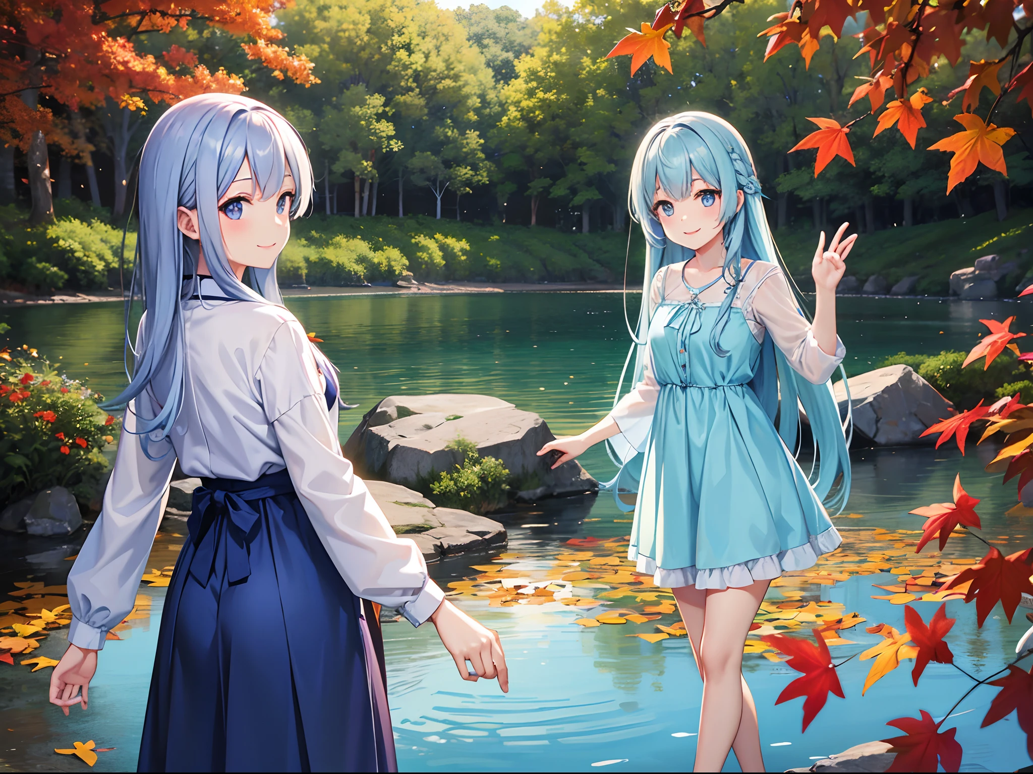 Lake of autumn leaves evening Beautiful girl standing by the lake with attractive smile Light blue long hair Twin-tailed Bright dresses A charming smile Face Highlights