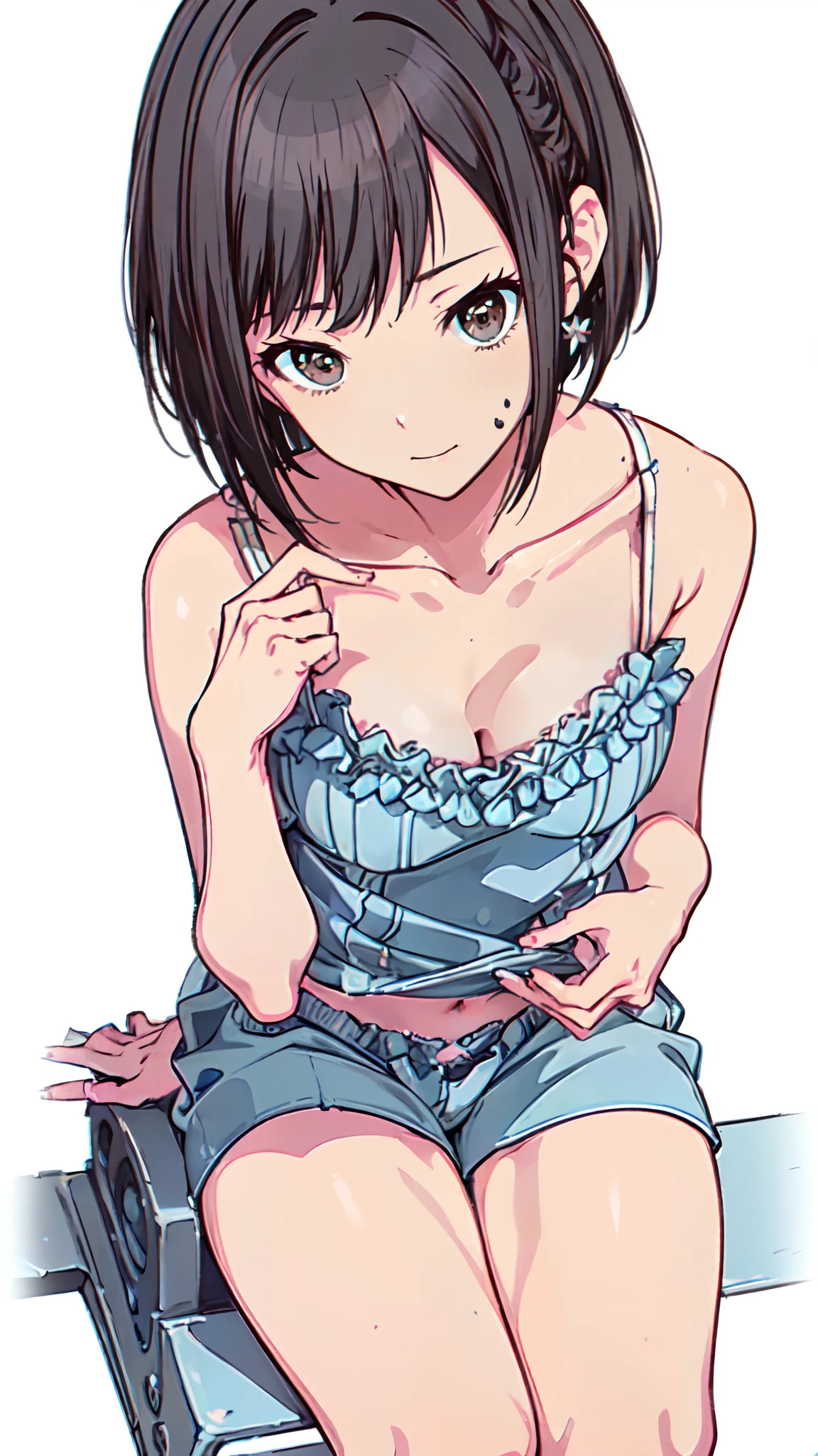 (Light blue camisole Gravure Pose Taking off your panties and provoking Very detailed down to the smallest detail clear outlines Beautiful face Beautiful skin) thin-waist A slender ribbed skinny limbs teats cleavage of the breast Beautiful breasts a short bob Uterine mouth Beautiful fingertips Pink Nails Anime style