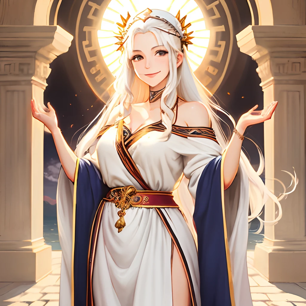 (masutepiece, Best Quality), 1girl in, maturefemale, long white hair, White clothes, Bare shoulder, greek clothes, lightsmile, tall figure, divine, godlike, Goddess, immortal, Detailed background, Heaven Palace, plein air, godrays, sunbeams, Cowboy Shot