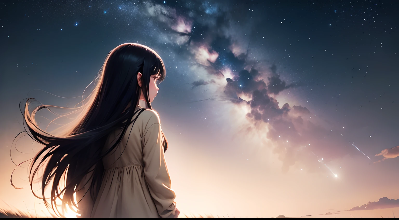 Back silhouette shooting star of woman with long black hair staring at moonlit night wearing Ghibli-style beige short-sleeved clothes