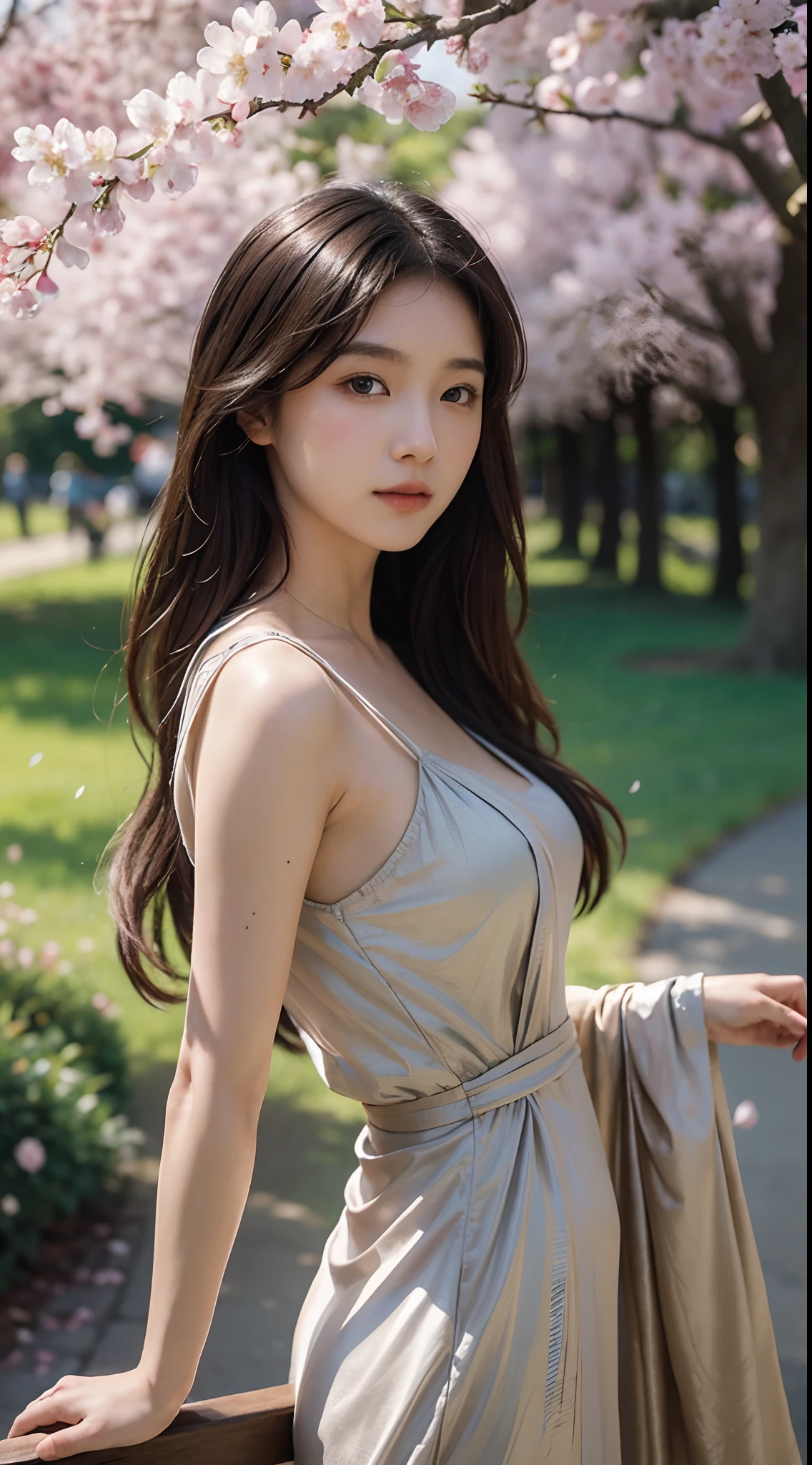 a beautiful korean girl, wearing, Beutiful dresses, long and silky hair, like blue eyes, full round face, short smile, who is near the cherry blossoms tree , artstation, concept art, soft light, hdri, smooth, sharp focus, illustration, fantasy, intricate, elegant, highly detailed, D&D, matte painting, in the style of Greg Rutkowski and Alphonse Mucha and artemisia, 8k, highly detailed, jurgens, rutkowski, bouguereau, pastoral, rustic, georgic