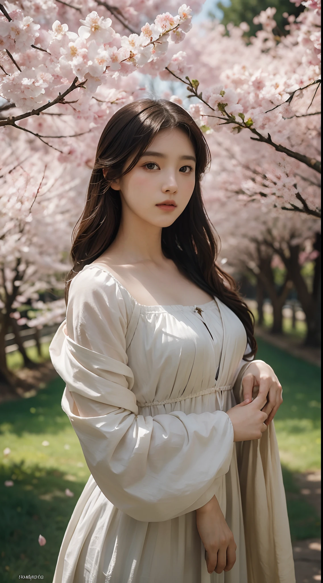 a beautiful korean girl, wearing, Beutiful dresses, long and silky hair, like blue eyes, full round face, short smile, who is near the cherry blossoms tree , artstation, concept art, soft light, hdri, smooth, sharp focus, illustration, fantasy, intricate, elegant, highly detailed, D&D, matte painting, in the style of Greg Rutkowski and Alphonse Mucha and artemisia, 8k, highly detailed, jurgens, rutkowski, bouguereau, pastoral, rustic, georgic
