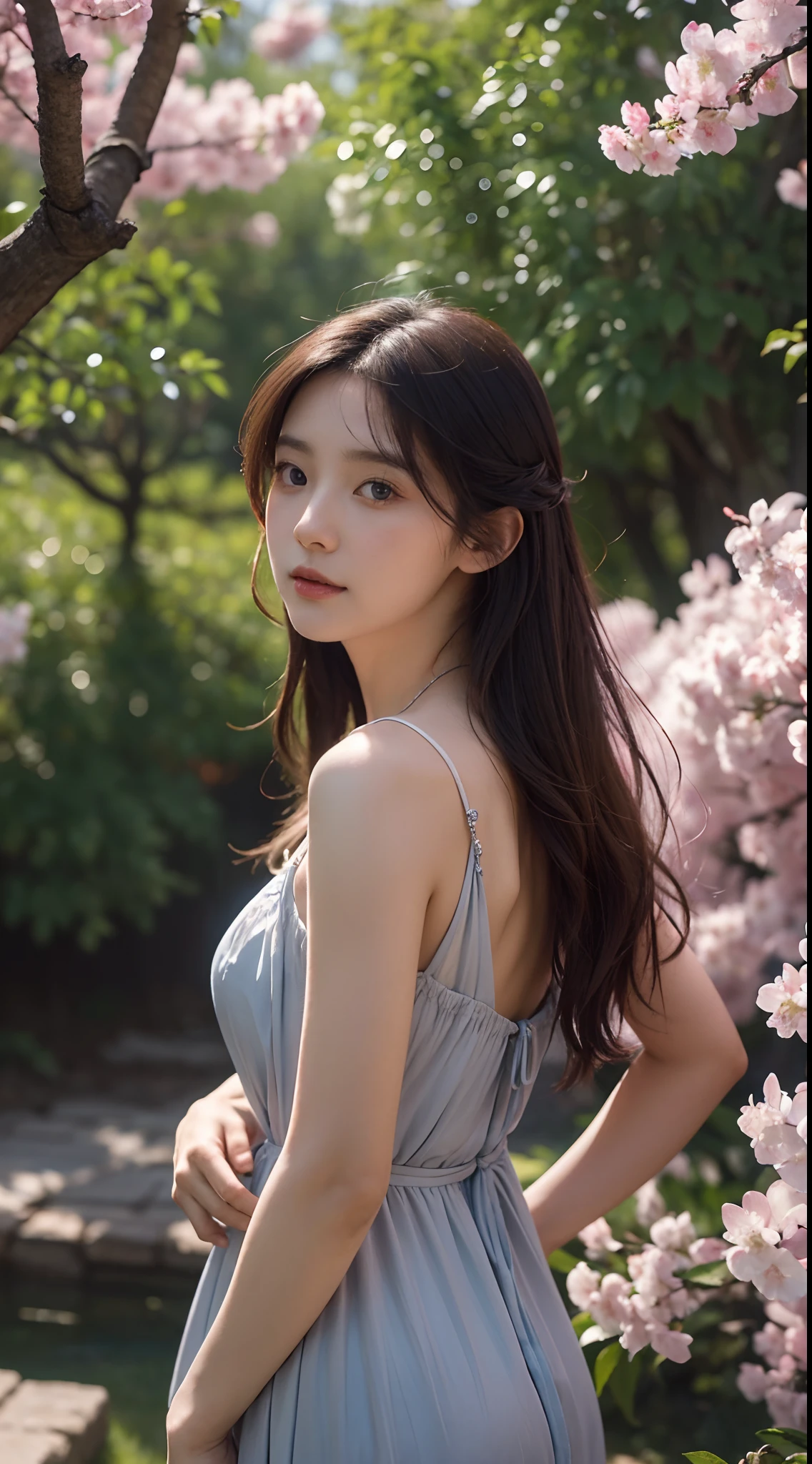 a beautiful korean girl, wearing, Beutiful dresses, long and silky hair, like blue eyes, full round face, short smile, who is near the cherry blossoms tree , artstation, concept art, soft light, hdri, smooth, sharp focus, illustration, fantasy, intricate, elegant, highly detailed, D&D, matte painting, in the style of Greg Rutkowski and Alphonse Mucha and artemisia, 8k, highly detailed, jurgens, rutkowski, bouguereau, pastoral, rustic, georgic