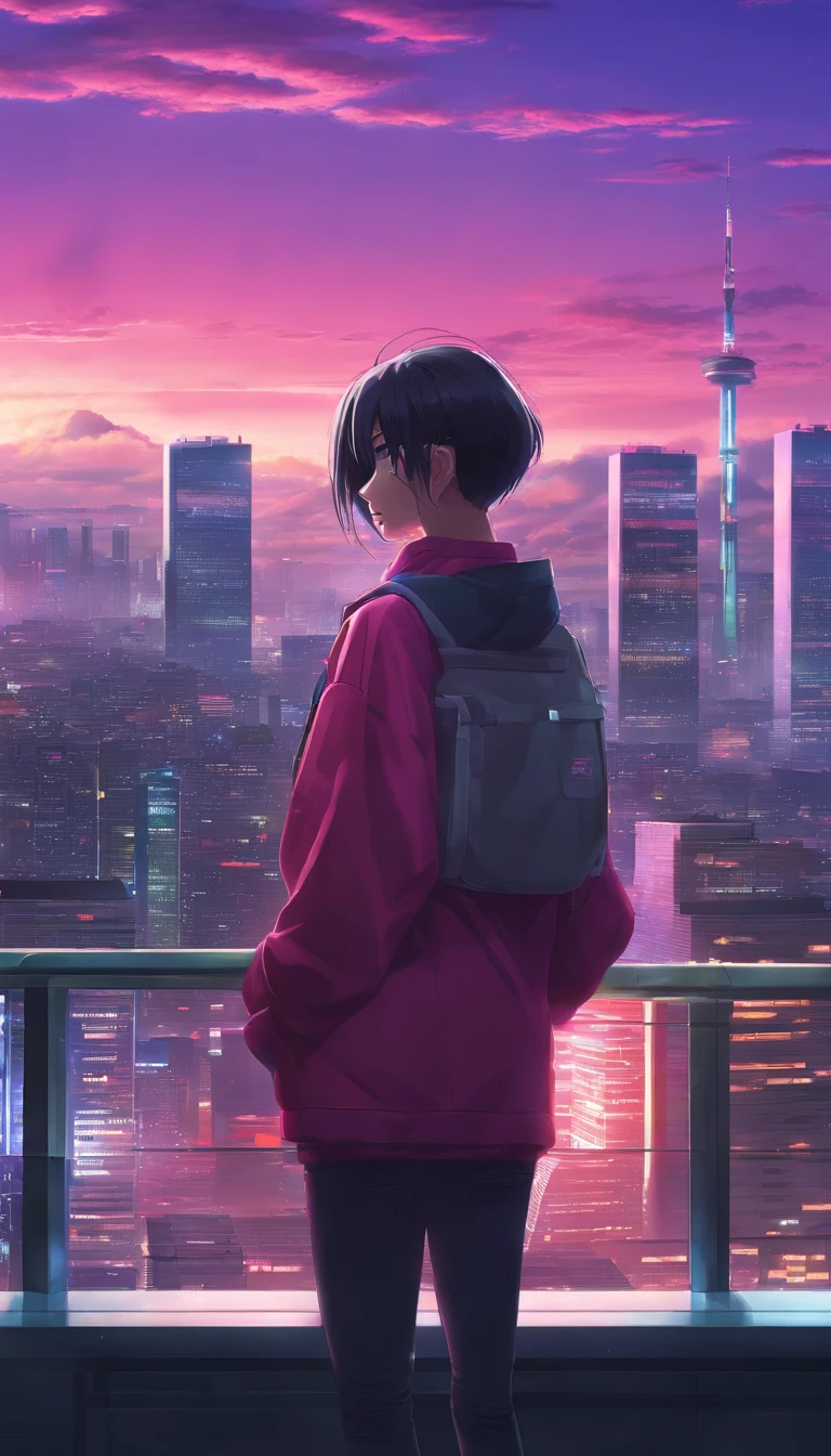 Close-up of the city with neon sunset in the background, Synthwave City, vaporwave city, Synthwave aesthetics, Neon City in the background, Background of Neo Tokyo, Neon metropolis in the background, Futuristic urban background, cyberpunk aesthetics, The city's backstory is cyberpunk, Purple Cyberpunk City, cyberpunk city background, cyberpunk aesthetics, cyberpunk atmosphere, Cyberpunk cityscape,anime clouds, Anime background, anime sky, in style of makoto shinkai, Beautiful puffy clouds. the anime, style of makoto shinkai, makoto sinkai!, beautiful anime scenery, based on Makoto Shinkai, Anime Landscape Wallpaper, makoto sinkai!!, Makoto Shinkai art style,japanaese girl,pale skin,beatiful face(purple hair)red jacket,Tokyo at night, with Cyberpunk style,Japanese streetwear,Tokyo Fashion,In a Cyberpunk 2 jacket 0 7 7,Full-length,attractive pose,Bottom view