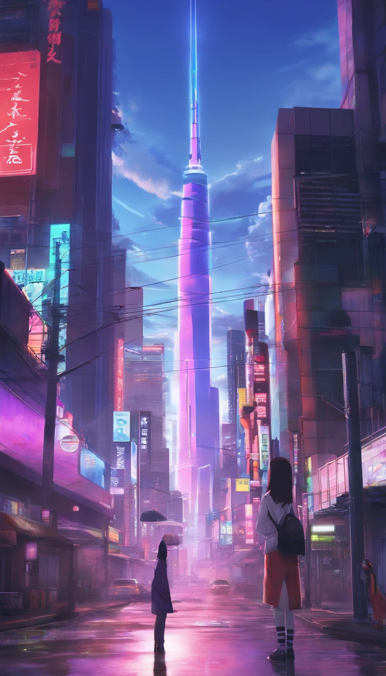 Close-up of the city with neon sunset in the background, Synthwave City, vaporwave city, Synthwave aesthetics, Neon City in the background, Background of Neo Tokyo, Neon metropolis in the background, Futuristic urban background, cyberpunk aesthetics, The city's backstory is cyberpunk, Purple Cyberpunk City, cyberpunk city background, cyberpunk aesthetics, cyberpunk atmosphere, Cyberpunk cityscape,anime clouds, Anime background, anime sky, in style of makoto shinkai, Beautiful puffy clouds. the anime, style of makoto shinkai, makoto sinkai!, beautiful anime scenery, based on Makoto Shinkai, Anime Landscape Wallpaper, makoto sinkai!!, Makoto Shinkai art style,japanaese girl,pale skin,beatiful face(purple hair)red jacket,Tokyo at night, with Cyberpunk style,Japanese streetwear,Tokyo Fashion,In a Cyberpunk 2 jacket 0 7 7,Full-length,attractive pose,Bottom view