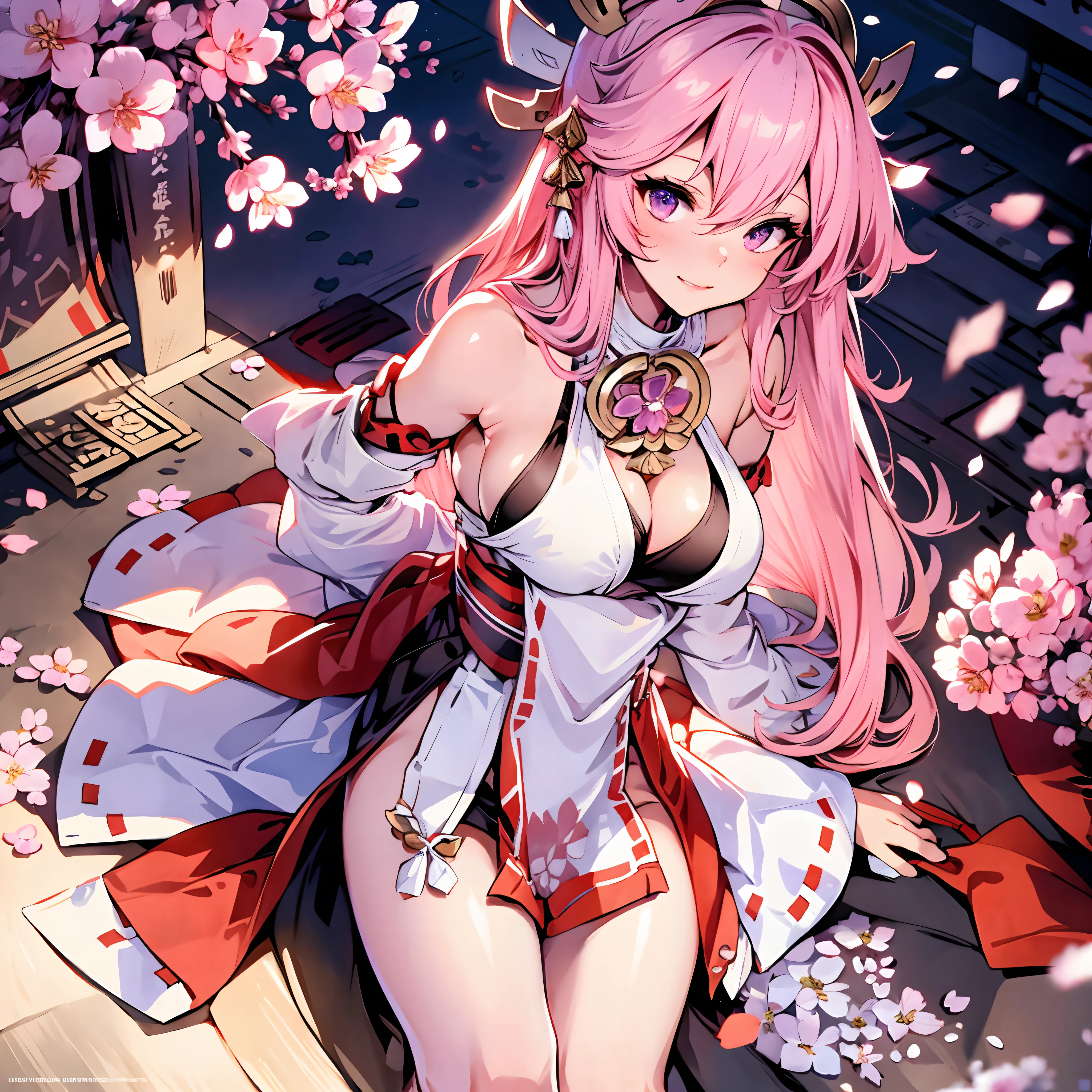Realistic eyes, detailed shadow, view the viewer, Dog ears,1girll, cleavage,Detailed lighting,(detailed hairs, photo-realistic hair, Realistic lighting, realistic shaded, realistic dress), Realistic skin, (Waist gun:1), Realistic reflection of light from above,((arms back behind)),(with hands behind her back),tube top,Sexy,Night,Stockings,Naked,Bigboobs,big breast,Cherry blossoms, White skirt, White dress,full bodyesbian,A Japanese shrine,Pink filter element