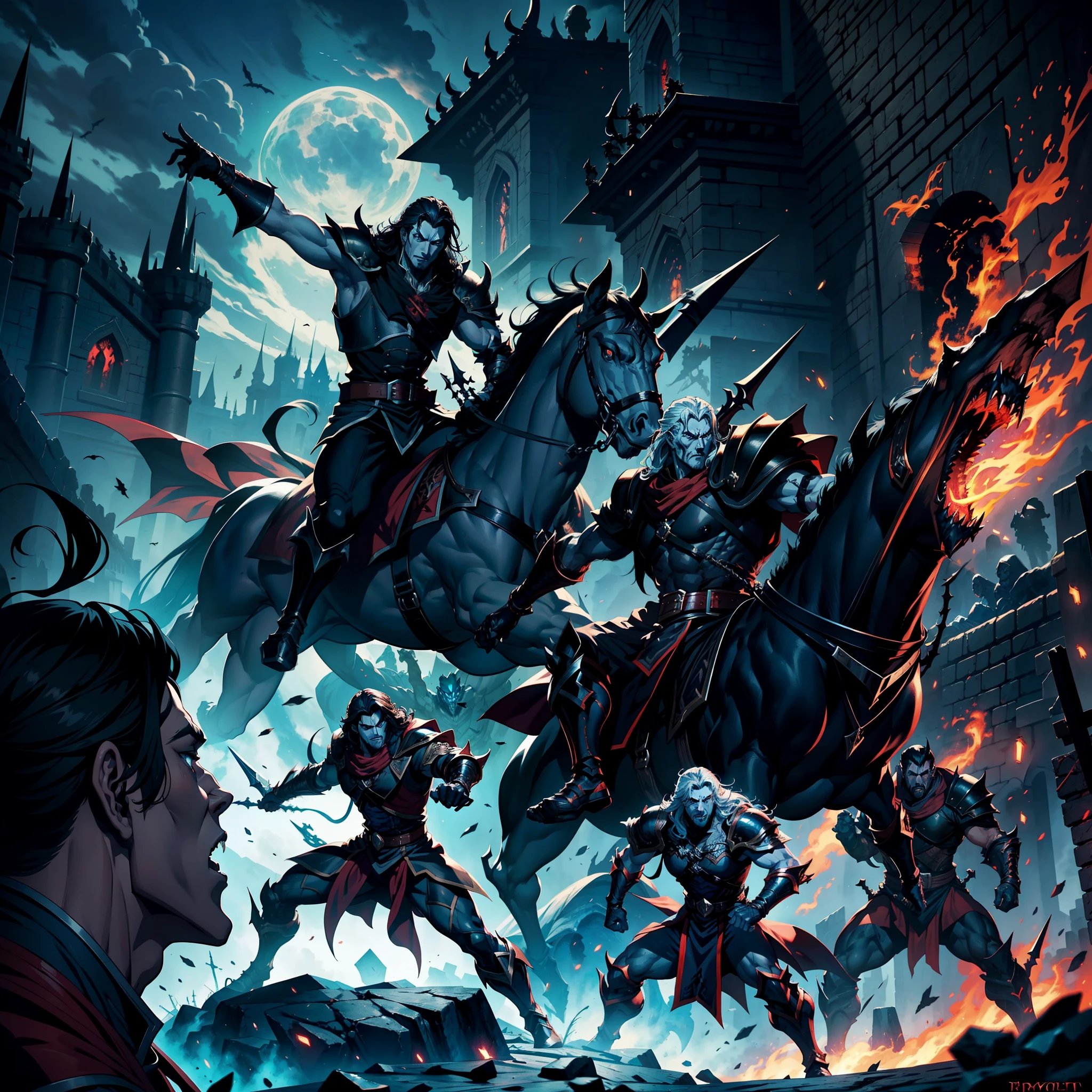 Castlevania Shadow Lord hyper realistic super detailed Lord Dracula handsome muscular wearing angry Islamic armor leading troops armed with demons into battle 3points perspective view bottom shot hyper realistic super detailed Dynamic shot Cinematic scenes from the movie Correct characters Anatomy Correct proportions Dynamic poses