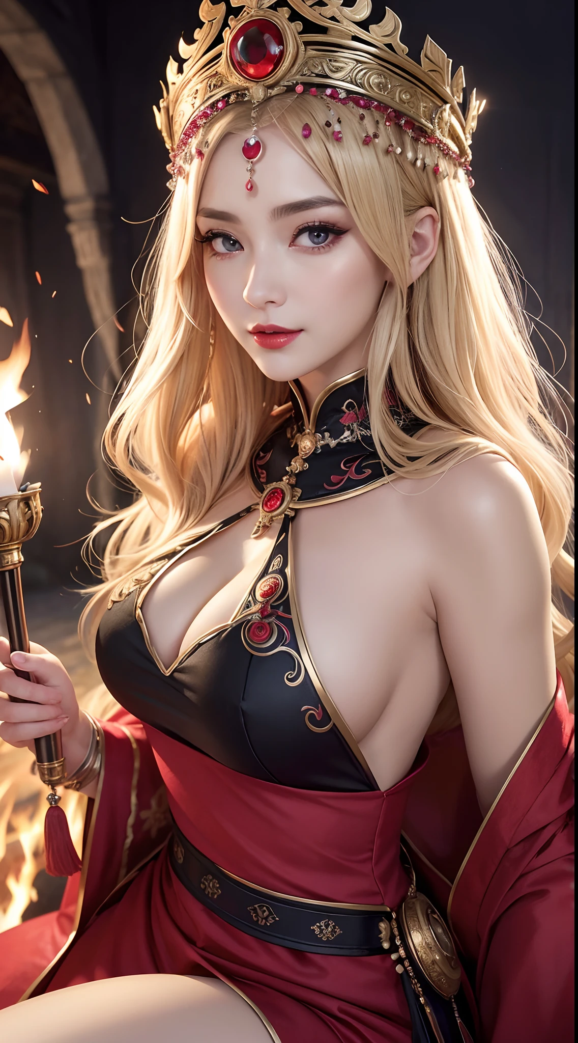 (hyper realstic)、Ancient priestess、Ancient female shamans、
immensity　Beautie　high-level image quality　hight resolution　Realistic　Shorthair　a blond、　blond woman in a、A MILF、Middle-aged woman、((Big big))、Detailed red-black    ,,,,,,、detailed skin textures、超A high resolution、Realistic、Voluptuous body shape、A smile、Middle-aged beauty、Beautiful expression、With detailed red-black areola 、Detailed purple eyes、blond、long fluffy hair、Kamimei、Very delicate and detailed skin texture、３５Female Shaman、(Blonde pubic hair)、{(Ancient ornate and luxurious temples)、(A lot of torches are burning)}、Ancient priestess、Large cleavage、Large open neckline、big butts、bright red lips、(Colorful and glamorous clothes and luxurious accessories)、I have an ornate platinum wand、