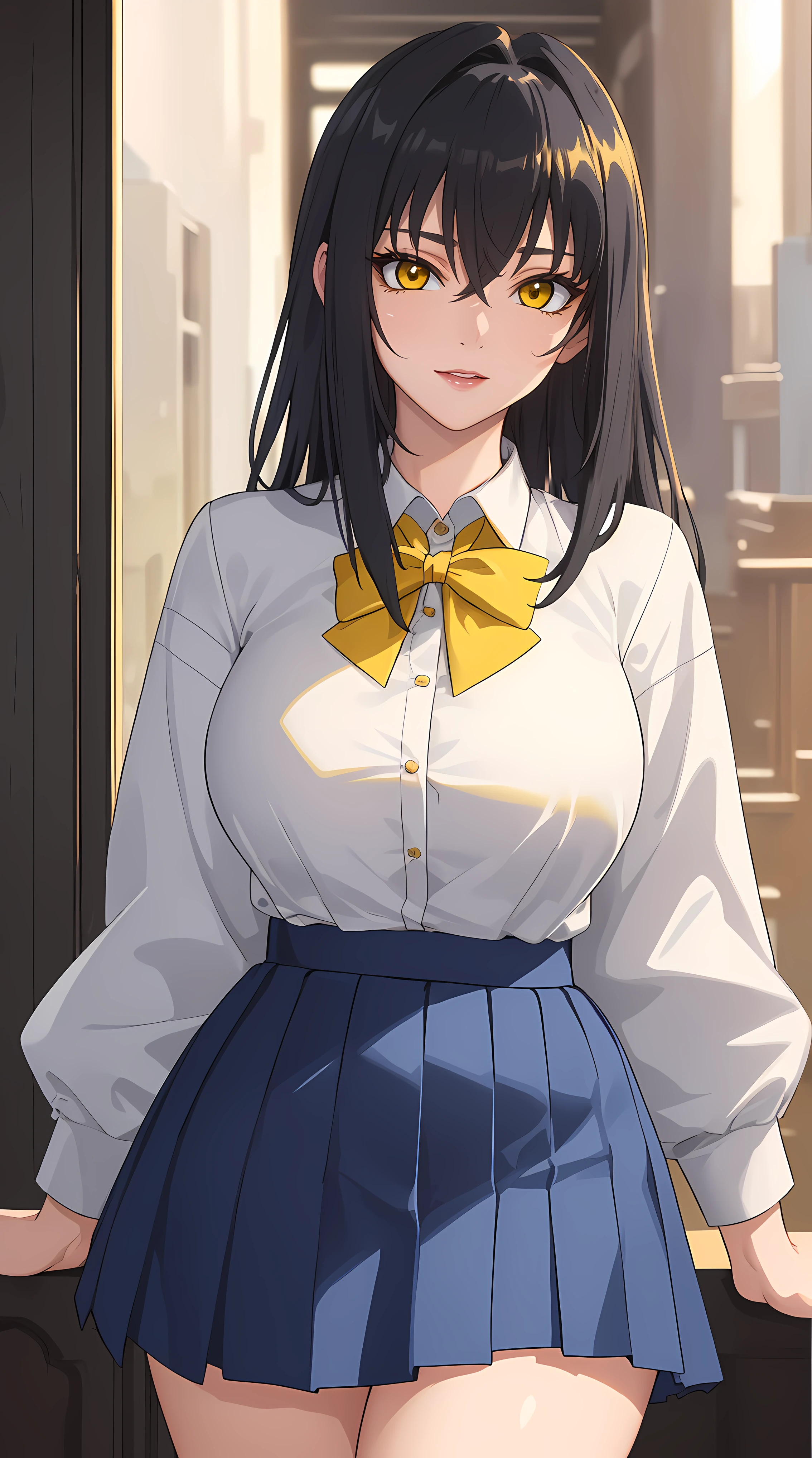 (masterpiece:1.4),(best quality:1.4),  soft lighting, cinematic bloom, beautiful face, beautiful eyes, cowboy shot,
1girl, solo, female mature, black hair, long hair, (yellow eyes:1.4), large breasts, school outfit, ((white shirt, blue skirt, highschool)), hair intakes, exquisite eyes detail, exquisite character design unity details 8k hdr, professional art, landscape, (solo:1.5, 1girl:1.4, cowboy shot:1.5), sexy body, milf, 35 years old girl, big thighs, sexy waist, seductive