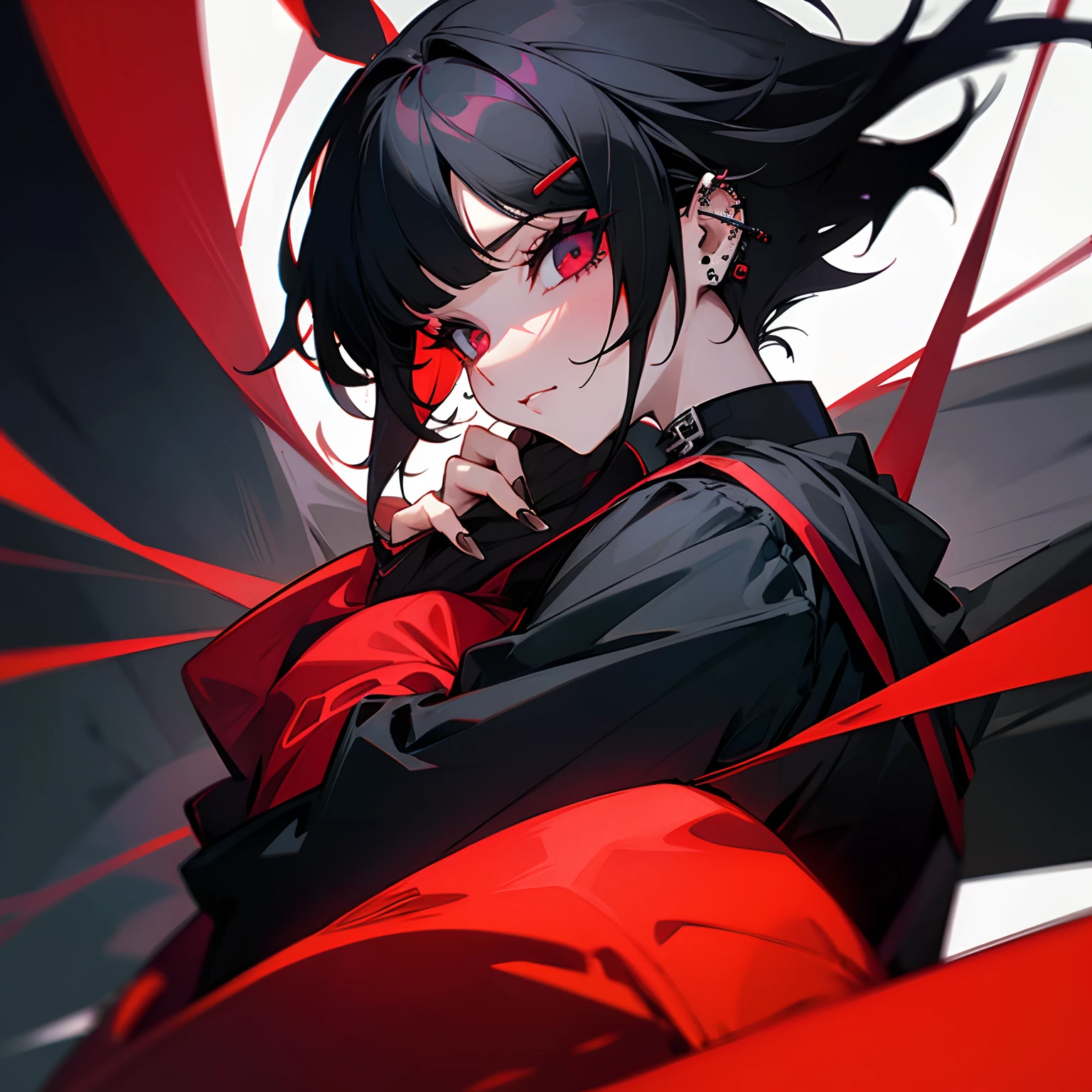 Short black hair、Red inner color、Lots of piercings、girl with