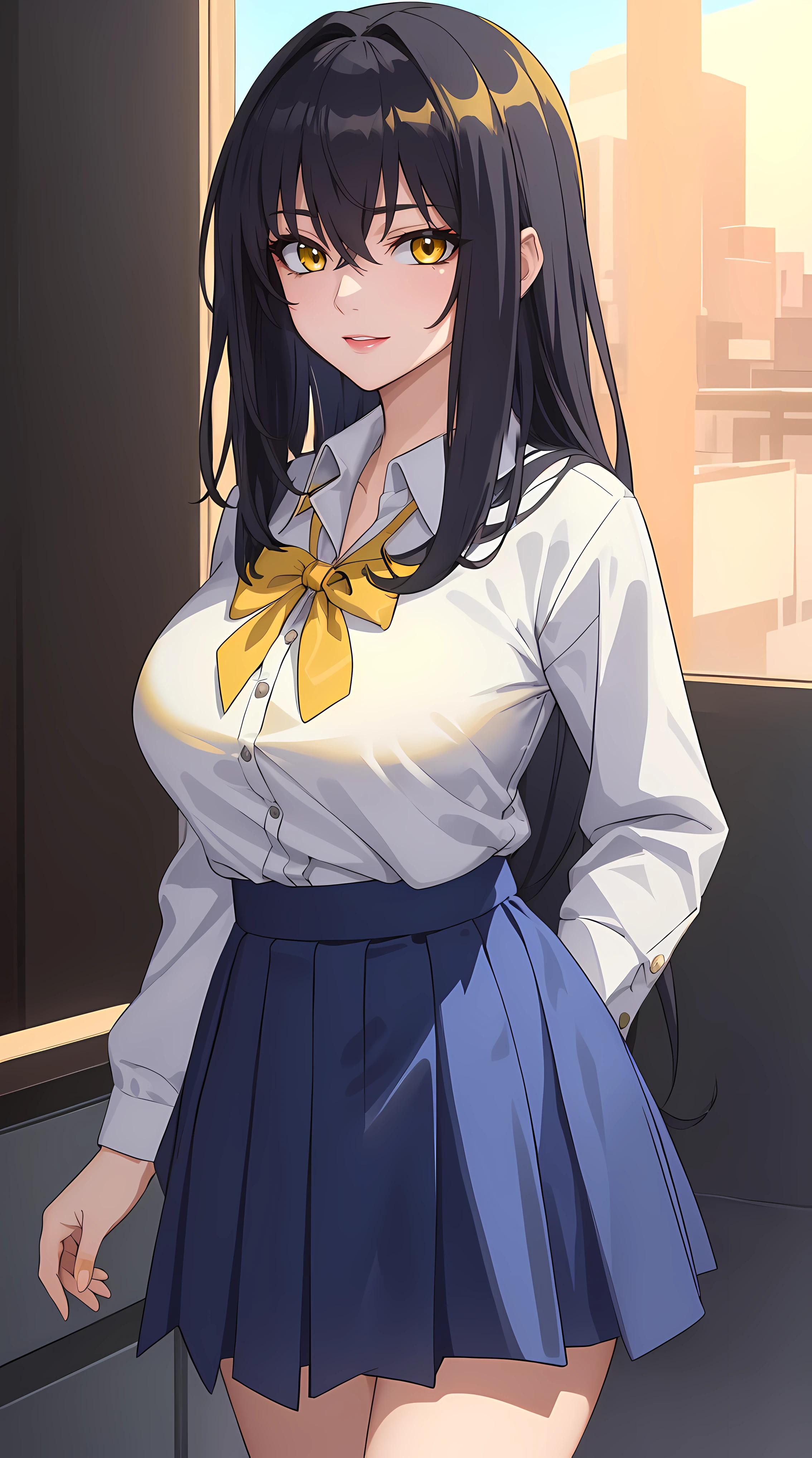 (masterpiece:1.4),(best quality:1.4),  soft lighting, cinematic bloom, beautiful face, beautiful eyes, cowboy shot,
1girl, solo, female mature, black hair, long hair, (yellow eyes:1.4), large breasts, school outfit, ((white shirt, blue skirt, highschool)), hair intakes, exquisite eyes detail, exquisite character design unity details 8k hdr, professional art, landscape, (solo:1.5, 1girl:1.4, cowboy shot:1.5), sexy body, milf, 35 years old girl, big thighs, sexy waist, seductive