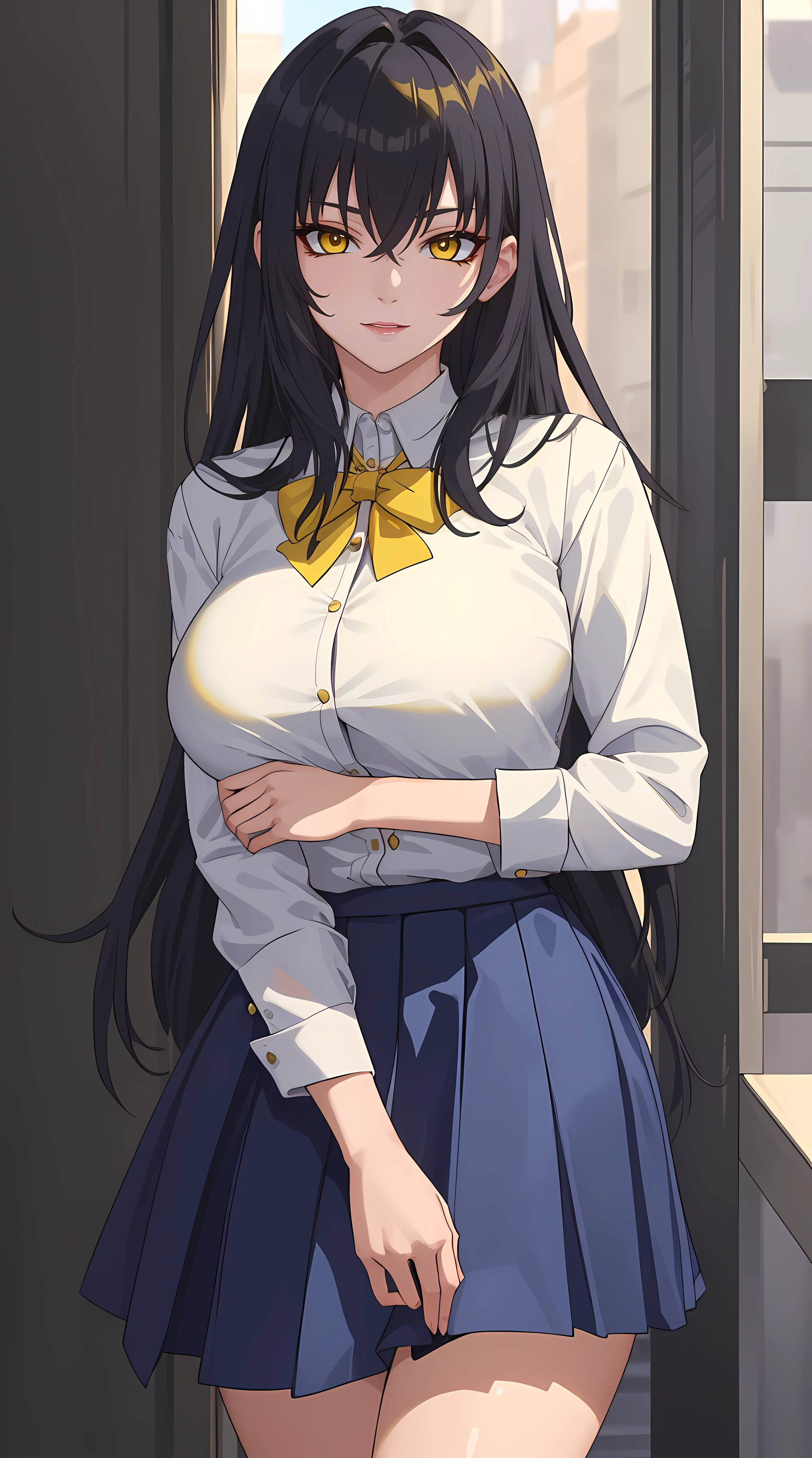 (masterpiece:1.4),(best quality:1.4),  soft lighting, cinematic bloom, beautiful face, beautiful eyes, cowboy shot,
1girl, solo, female mature, black hair, long hair, (yellow eyes:1.4), large breasts, school outfit, ((white shirt, blue skirt, highschool)), hair intakes, exquisite eyes detail, exquisite character design unity details 8k hdr, professional art, landscape, (solo:1.5, 1girl:1.4, cowboy shot:1.5), sexy body, milf, 35 years old girl, big thighs, sexy waist, seductive