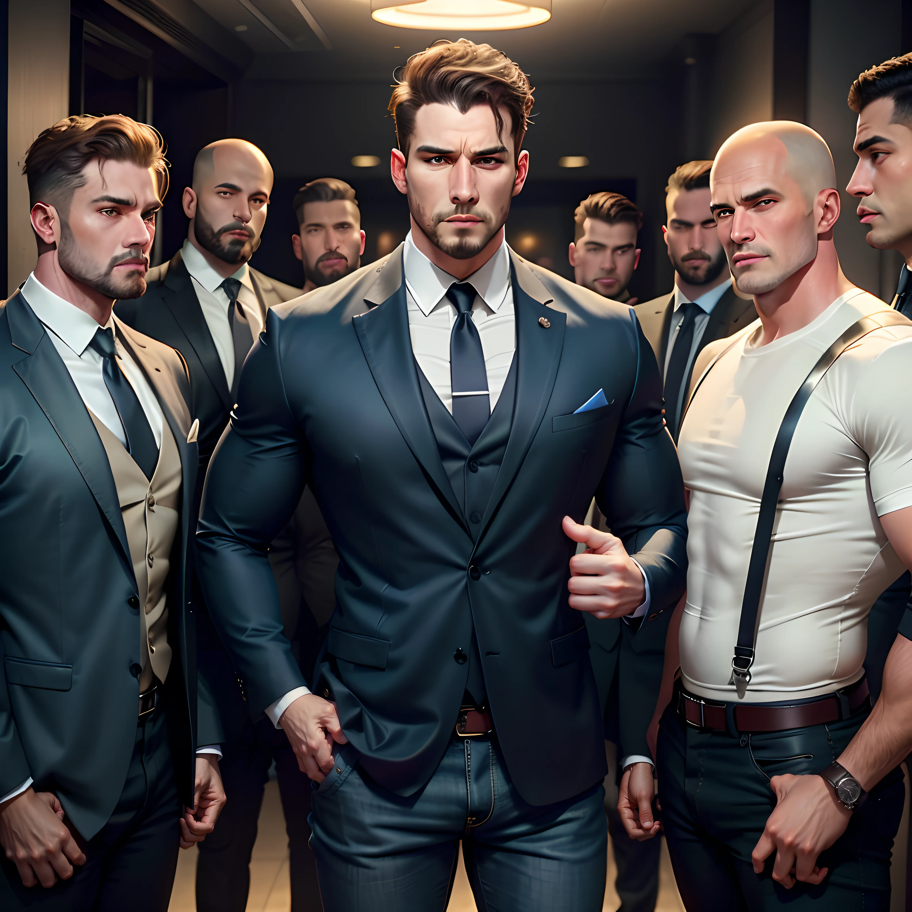 5 Men，Four stout bodyguards in suits stood in a row behind a handsome man，The man makes the gesture of speaking with his finger in front of his finger，Wear a simple pair of t-shirt jeans，The four bodyguards had serious expressions，whole body display