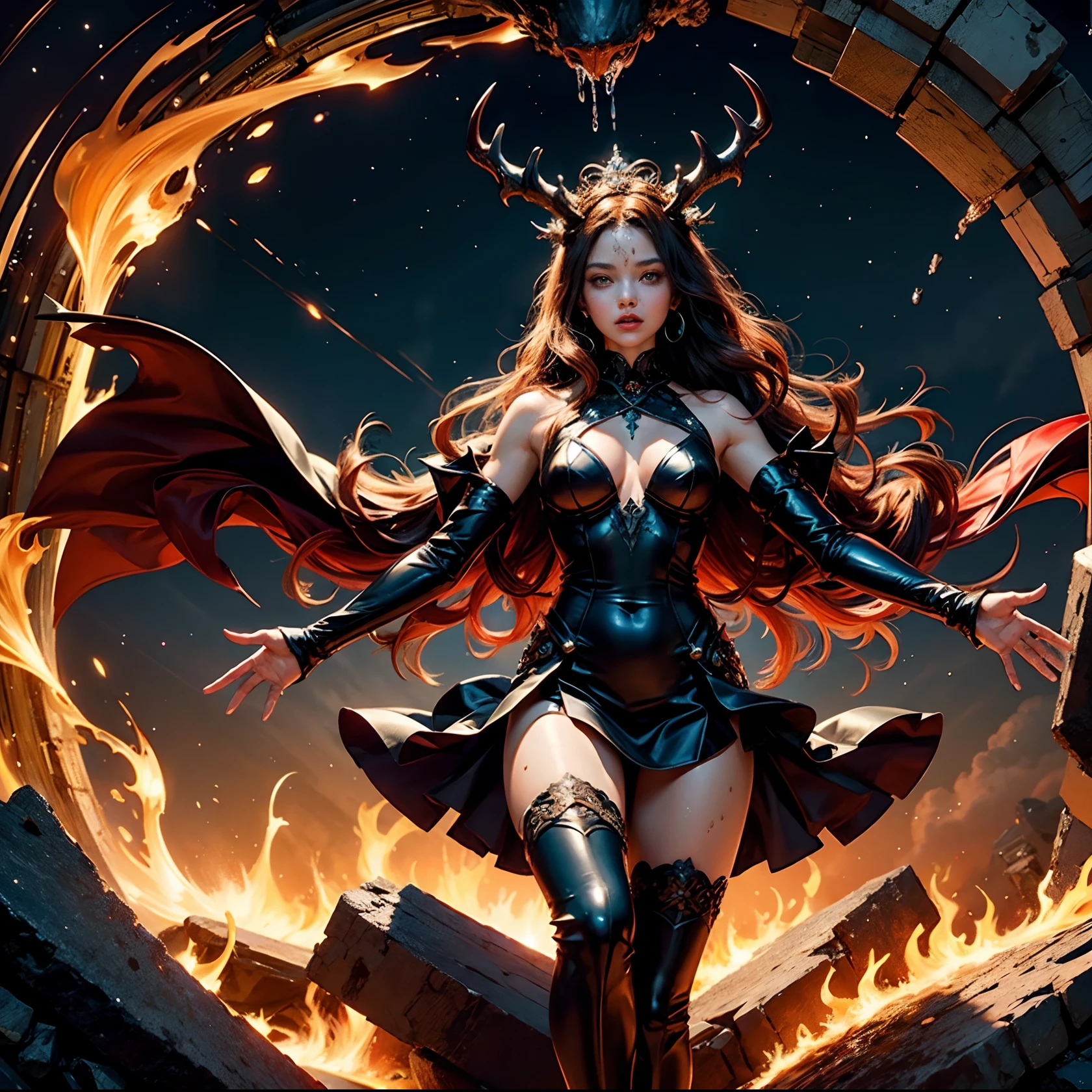 Devilishly beautiful, demon queen, A clearly traced figure, black bodycon suit, open legs are not thick,, and hands, against the background of the night sky, crown of intertwined horns on the head, A lot of patterns, Metallic luster, arms and legs open (It's wet, Instead of water, drops of flame in the form of water) She's in hell , (Detailed depiction of hell ) , Effects of fire splashes , neonlight,Secuality