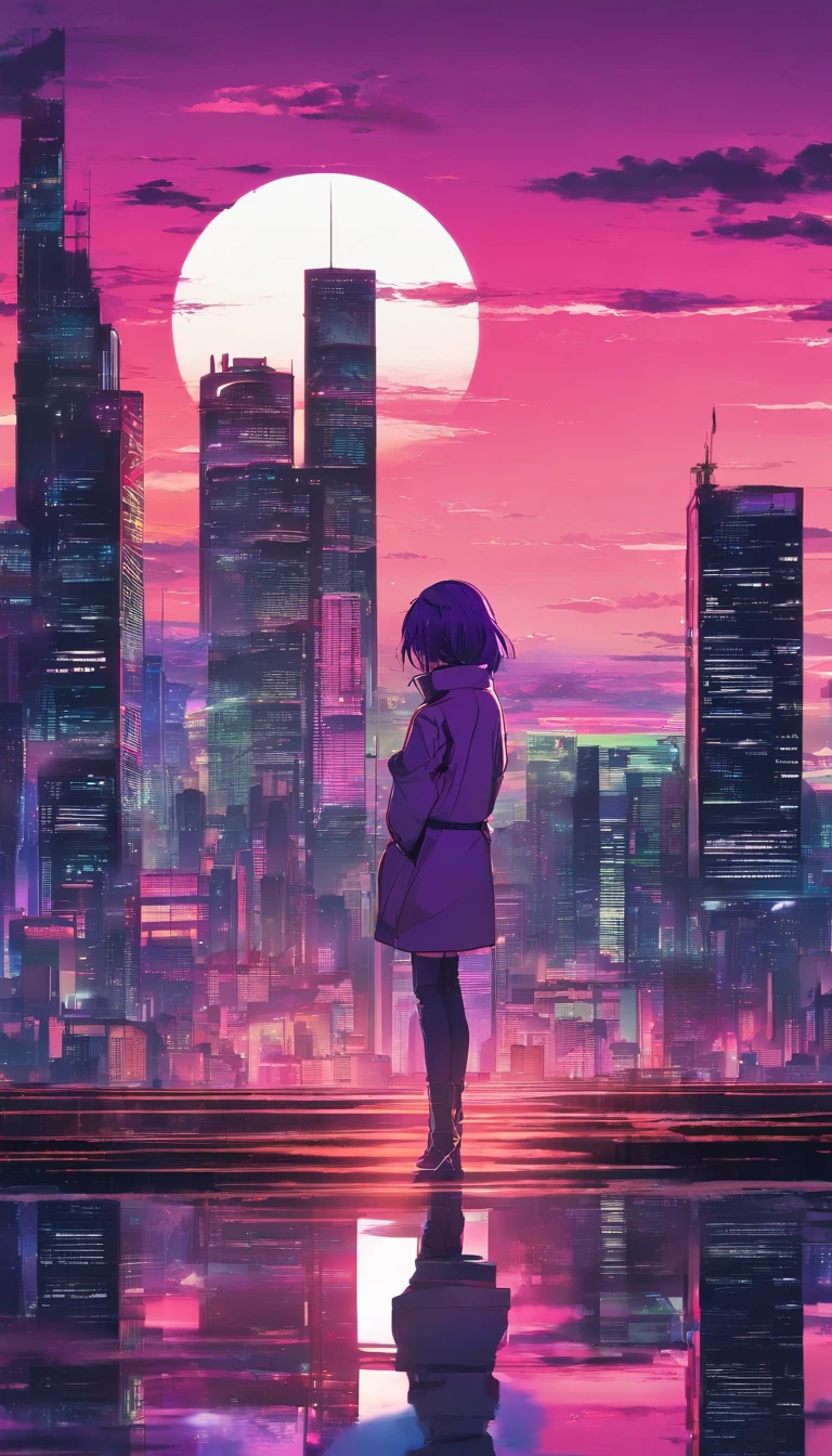 Close-up of the city with neon sunset in the background, Synthwave City, vaporwave city, Synthwave aesthetics, Neon City in the background, Background of Neo Tokyo, Neon metropolis in the background, Futuristic urban background, cyberpunk aesthetics, The city's backstory is cyberpunk, Purple Cyberpunk City, cyberpunk city background, cyberpunk aesthetics, cyberpunk atmosphere, Cyberpunk cityscape,anime clouds, Anime background, anime sky, in style of makoto shinkai, Beautiful puffy clouds. the anime, style of makoto shinkai, makoto sinkai!, beautiful anime scenery, based on Makoto Shinkai, Anime Landscape Wallpaper, makoto sinkai!!, Makoto Shinkai art style,japanaese girl,pale skin,beatiful face(purple hair)red jacket,Tokyo at night, with Cyberpunk style,Japanese streetwear,Tokyo Fashion,In a Cyberpunk 2 jacket 0 7 7,Full-length,attractive pose,Bottom view