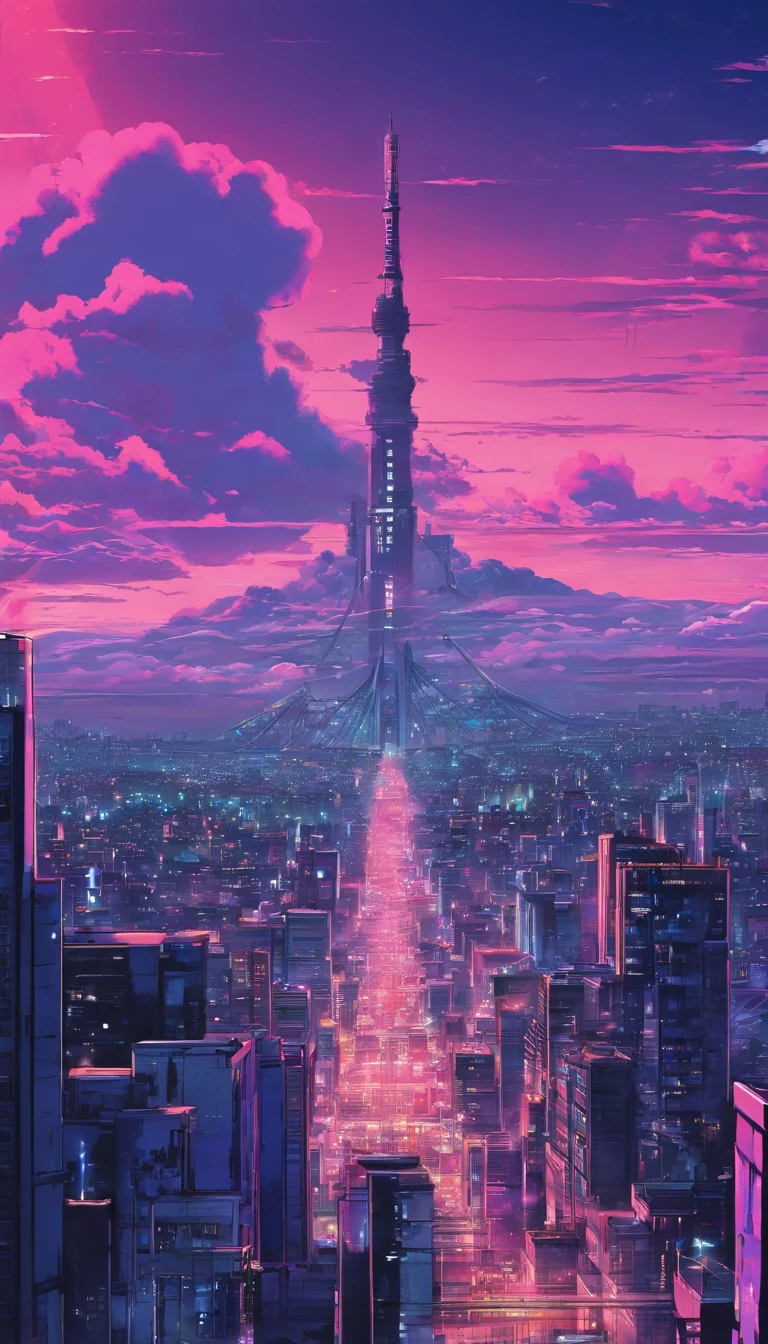 Close-up of the city with neon sunset in the background, Synthwave City, vaporwave city, Synthwave aesthetics, Neon City in the background, Background of Neo Tokyo, Neon metropolis in the background, Futuristic urban background, cyberpunk aesthetics, The city's backstory is cyberpunk, Purple Cyberpunk City, cyberpunk city background, cyberpunk aesthetics, cyberpunk atmosphere, Cyberpunk cityscape,anime clouds, Anime background, anime sky, in style of makoto shinkai, Beautiful puffy clouds. the anime, style of makoto shinkai, makoto sinkai!, beautiful anime scenery, based on Makoto Shinkai, Anime Landscape Wallpaper, makoto sinkai!!, Makoto Shinkai art style,japanaese girl,pale skin,beatiful face(purple hair)red jacket,Tokyo at night, with Cyberpunk style,Japanese streetwear,Tokyo Fashion,In a Cyberpunk 2 jacket 0 7 7,Full-length,attractive pose,Bottom view