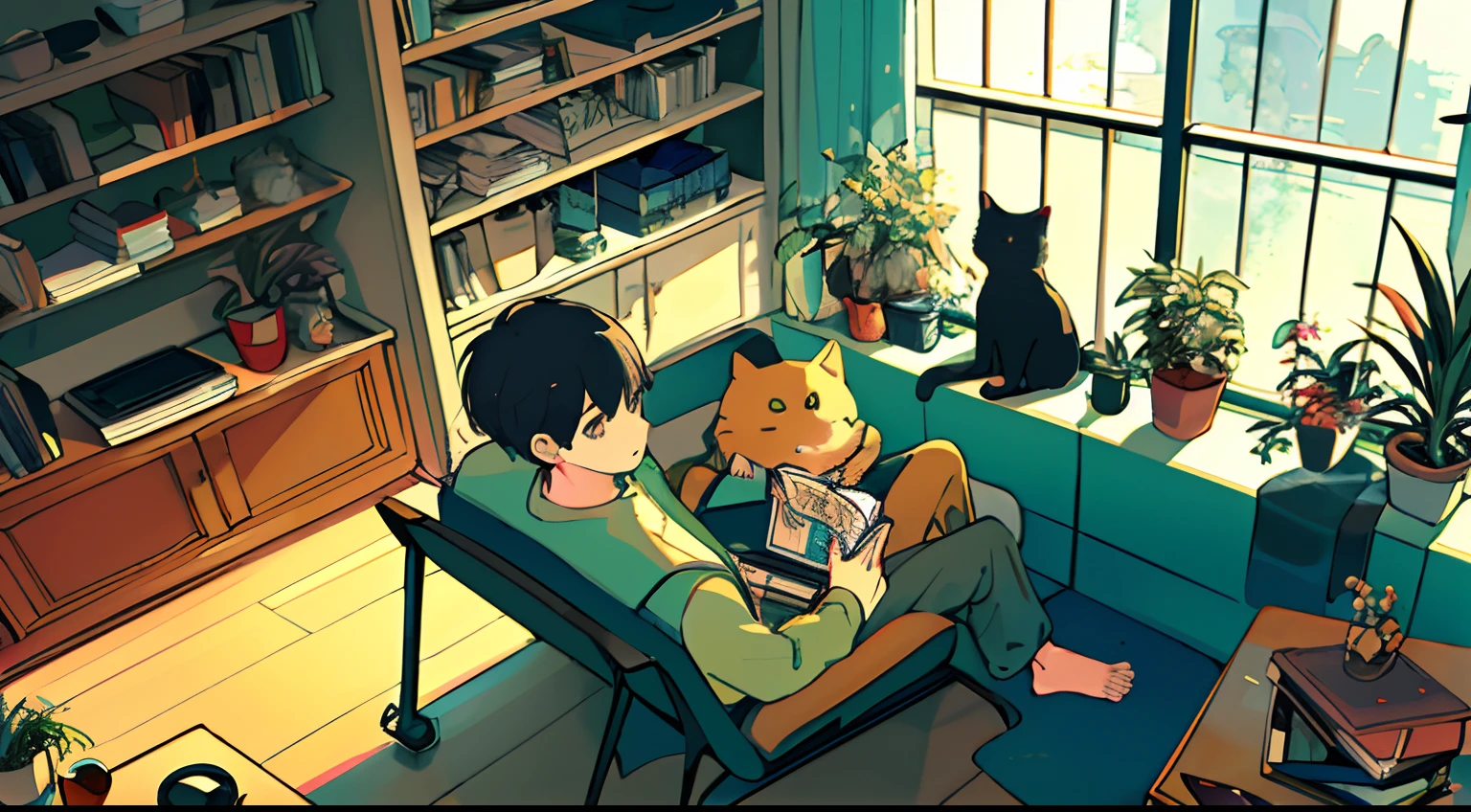 boy, working on computer, from above, plant, black hair, cat, indoors, holding, long sleeve, long hair, stuffed cat, potted plant, book, food, window, phone, loaded interior, television, short hair, on the back, stuffed, bangs, slippers, barefoot, sitting, bookcase, shelf, cable