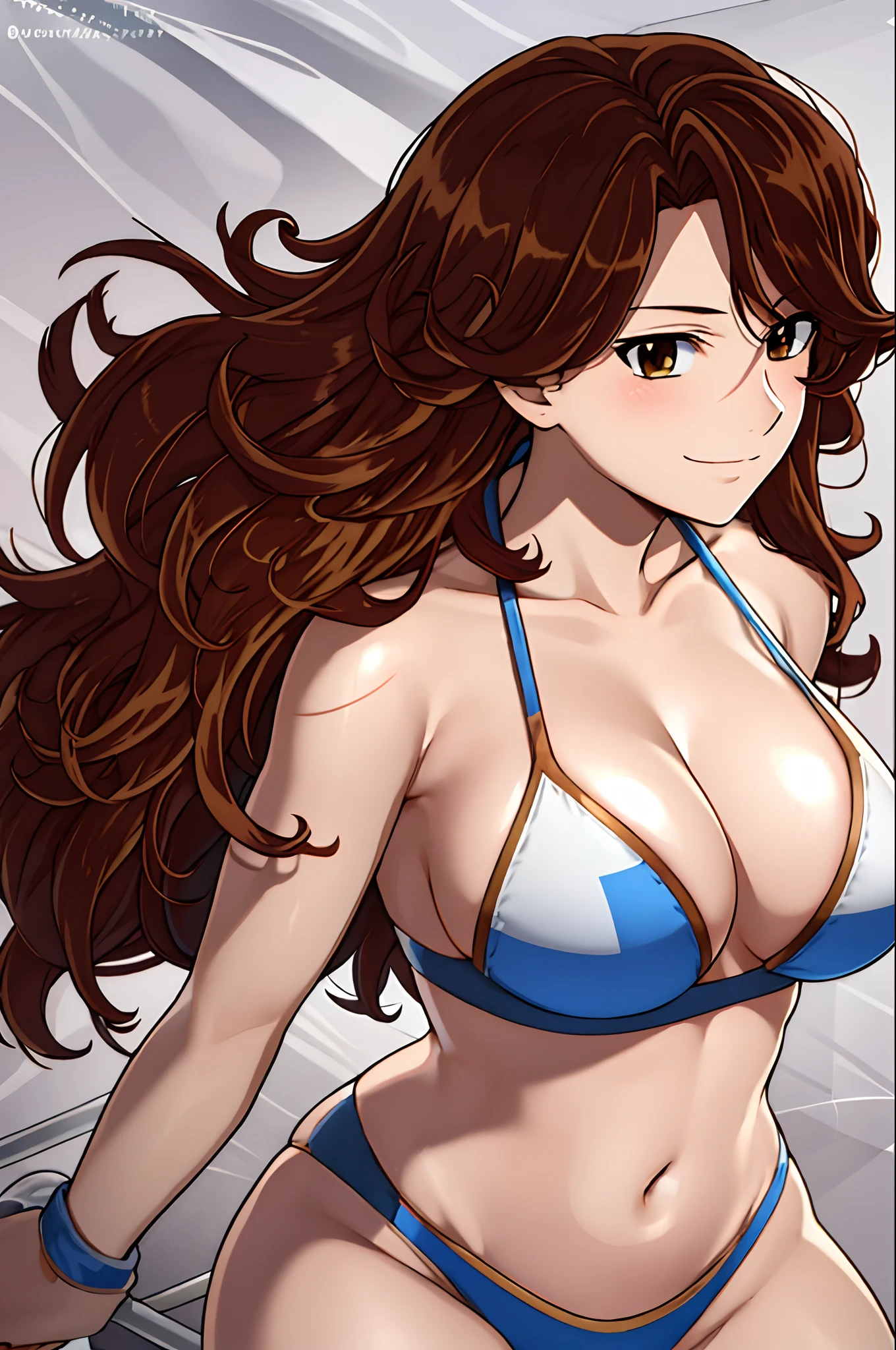 cowboy shot, detailed face, upper body view, detailed body, 4k, Sumergai Lee Noriega, best quality, anime style, hires, highest definition, digital blending, bold drawing lines, ((), (slender body), mature woman, (female wrestler, white wrestling bikini), cheerful, gorgeous, smile, (closed mouth), (pale skin, shiny skin, lighting and shadow), (cleavage), (clean face), (warming up), closed fists, (brown hair, curly hair, long hair), 27 years old, sexy
