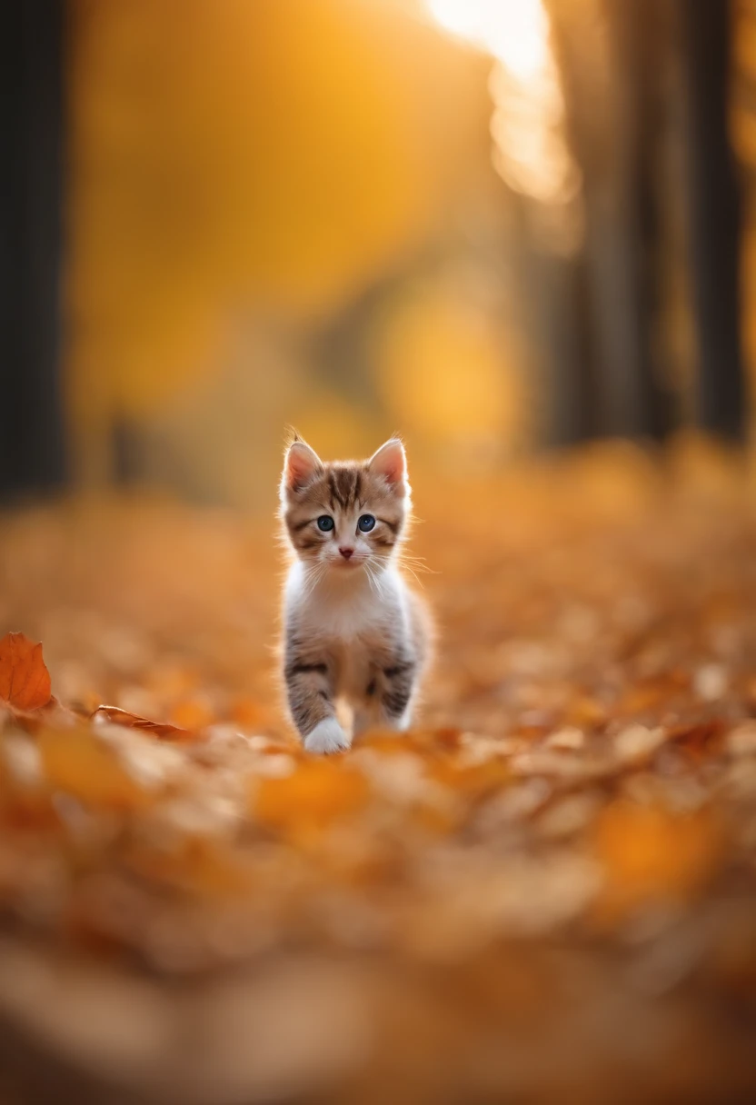 There are two small kittens, cute cats, cute kittens, the cutest, unbelievably cute, adorable and cute, cute and nice, kittens, cute and adorable, very cute, and cute and cute. They are walking together in the leaves, walking together, and commuting. They are adorable and cute, cute and adorable, cute in the style of 🍂 and 🍁, nice and cute.