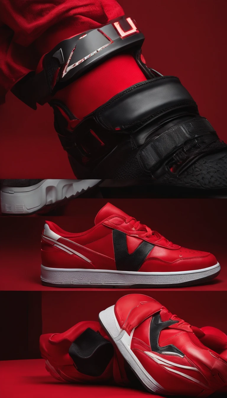 "(Product photography:1.2) showcasing a (1.1x vibrant red) not a pair sneaker with a (1.1x sleek cyberpunk) aesthetic."