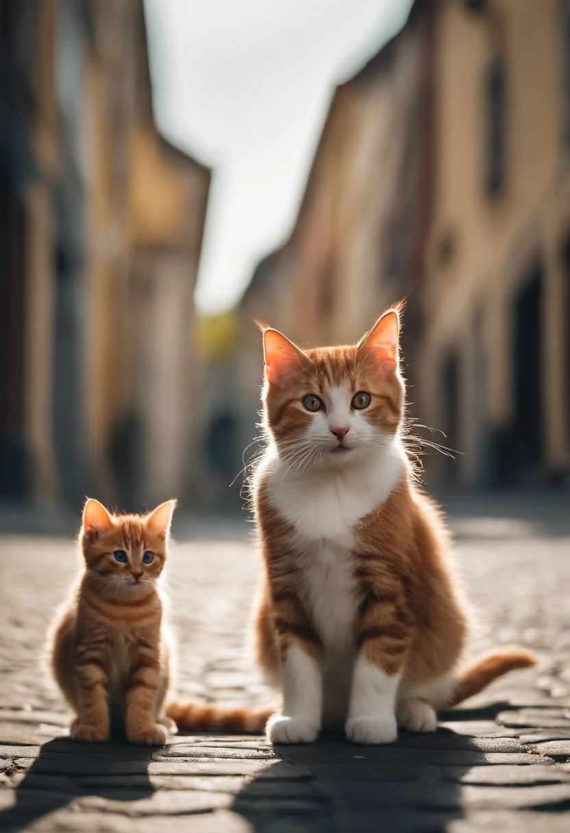 There are two small kittens, cute cats, cute kittens, the cutest, unbelievably cute, adorable and cute, and cute and nice. They are walking down the street with backpacks, walking together, commuting, walking proudly down the street, and the cats are walking. They are cute in the style of 🍂 and 🍁, adorable and cute, cute and adorable, oh, nice and cute. They are known as the real-life Tom and Jerry.
