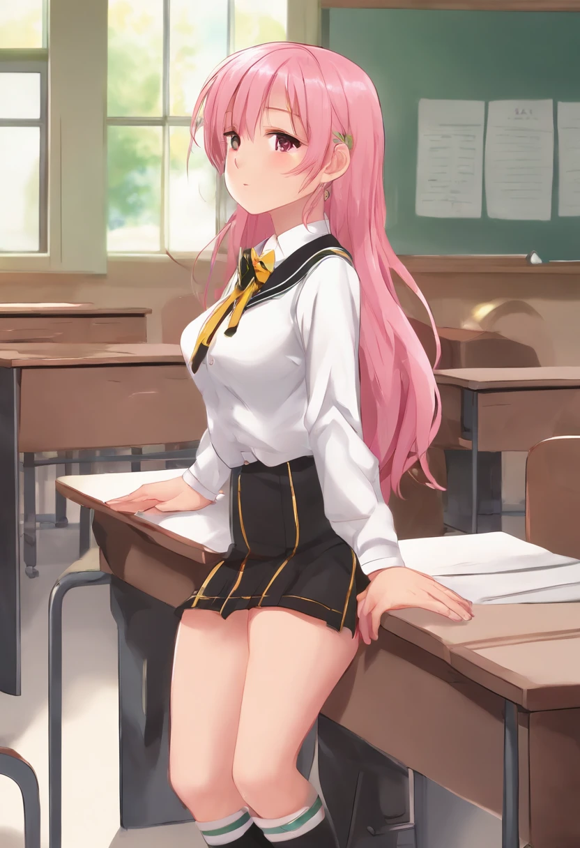 One long hair, girl in school uniform, miniskirt, pink hair, looking away, sitting, embarrassed, blushing, crying, mouth closed, classroom (girl leaking pee)