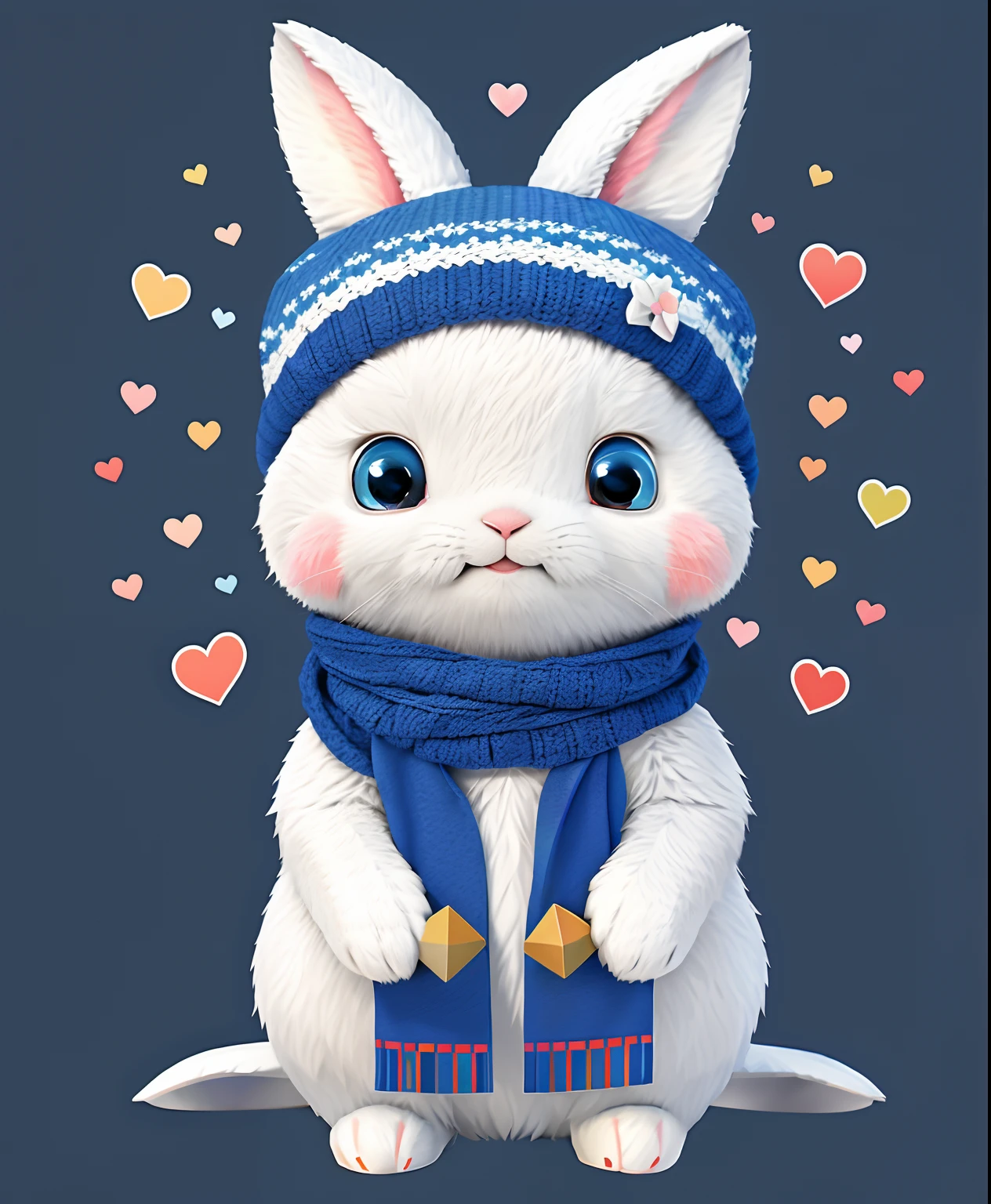 There is a white rabbit wearing a blue hat and a blue scarf, Lovely digital painting, adorable digital art, Cute pixel art, cute cartoon characters, cute anthropomorphic bunny, Cute! C4D, cute character, cute artwork, beautiful digital works of art, Cute Portrait, cute animal, Adorable creatures, Cartoon Cute, kawaii realistic portrait