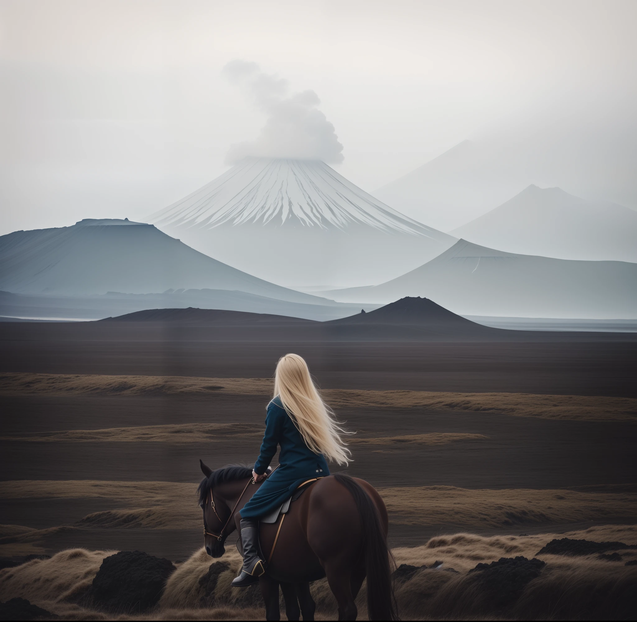 There was a woman standing in the field with a horse, in volcano, iceland photography, Louisa Matthiasdotil, iceland, in volcano, In the volcano, standing close to volcano, aenami alena, Tumblr, inspired by Louisa Matthíasdóttir, author:Lucia Pecca, lost in a dreamy fairy landscape