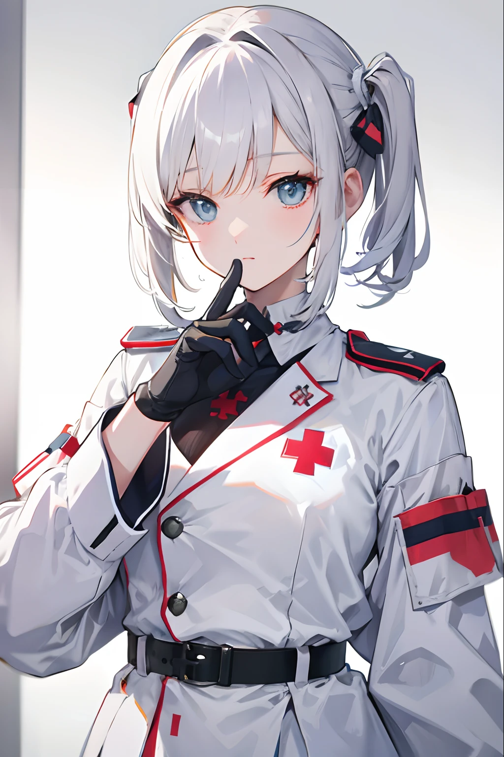1 Girl, alone, bandage, cross bandage, white hair, blue eyes, shy, nurse cap, nurse uniform, Cross decoration, nurse, Tsundere face, syringe, medicine, white, (Realistic:1.3)