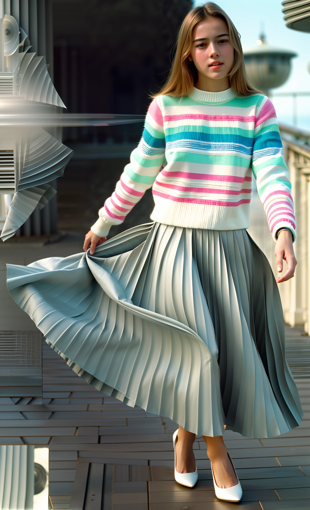 1991, very (young:1,9) girl wearing short blazer and very very detailed (long (fully pleated) full circle skirt) and (simple) low heeled office shoes, very very intricate hyper-detailed symmetric (attractive graceful young feminine face) with (sad, tired eyes and a shy smile), large breasts, full of empathy and compassion and love, (pronounced (feminine) features), (highly detailed ultra accurate realistic) hands and fingers, playing with skirt, dancing, (windy conditions and wind blowing), epic composition, highly detailed attributes, highly detailed atmosphere, (35mm f1.4 Kodak portra 400 photograph), extremely high quality RAW photograph,