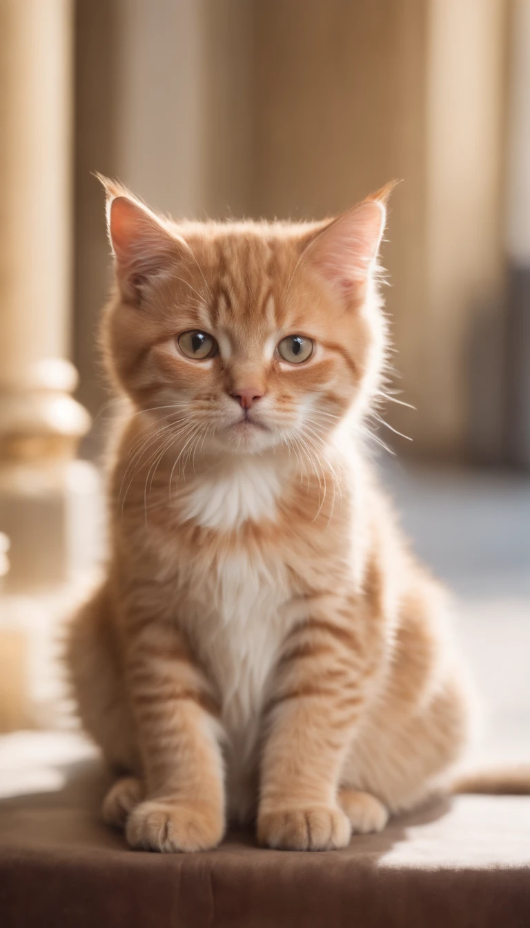 Gato, CRIE UMA FOTO DE um  gato lindo e fofo EM CIMA DE UM pequeno sofa PET DE LUXO EM UM ESTUDIO FOTOGRAFICO FUNDO  bege, com coleira em couro marrom com pingente em diamante,, master part, best quality, extremamente detalhado, Cinematic lighting, Pelos e olhos detalhados, 8k, Realistic, Premiado, fotografia