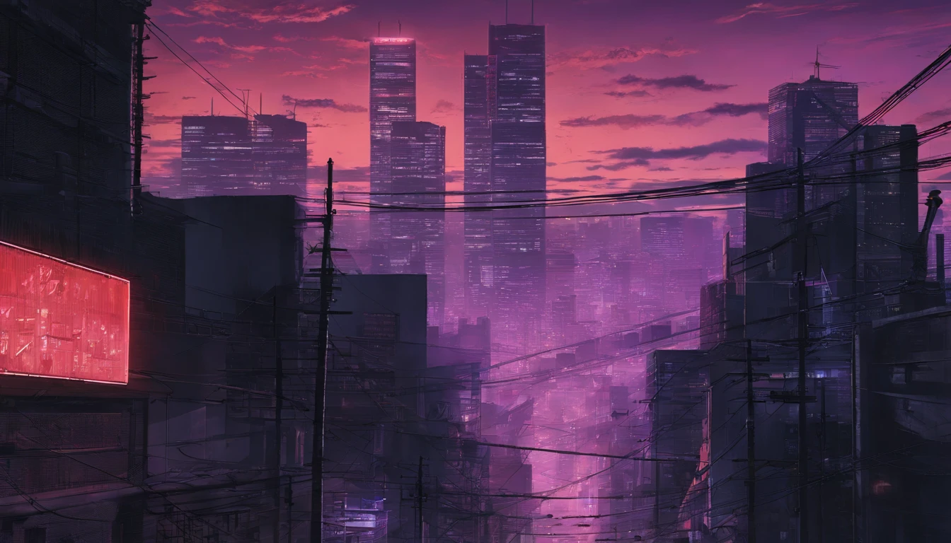 Close-up of the city with neon sunset in the background, Synthwave City, vaporwave city, Synthwave aesthetics, Neon City in the background, Background of Neo Tokyo, Neon metropolis in the background, Futuristic urban background, cyberpunk aesthetics, The city's backstory is cyberpunk, Purple Cyberpunk City, cyberpunk city background, cyberpunk aesthetics, cyberpunk atmosphere, Cyberpunk cityscape,anime clouds, Anime background, anime sky, in style of makoto shinkai, Beautiful puffy clouds. the anime, style of makoto shinkai, makoto sinkai!, beautiful anime scenery, based on Makoto Shinkai, Anime Landscape Wallpaper, makoto sinkai!!, Makoto Shinkai art style,japanaese girl,pale skin,beatiful face(purple hair)red jacket,Tokyo at night, with Cyberpunk style,Japanese streetwear,Tokyo Fashion,In a Cyberpunk 2 jacket 0 7 7,Full-length,attractive pose,Bottom view