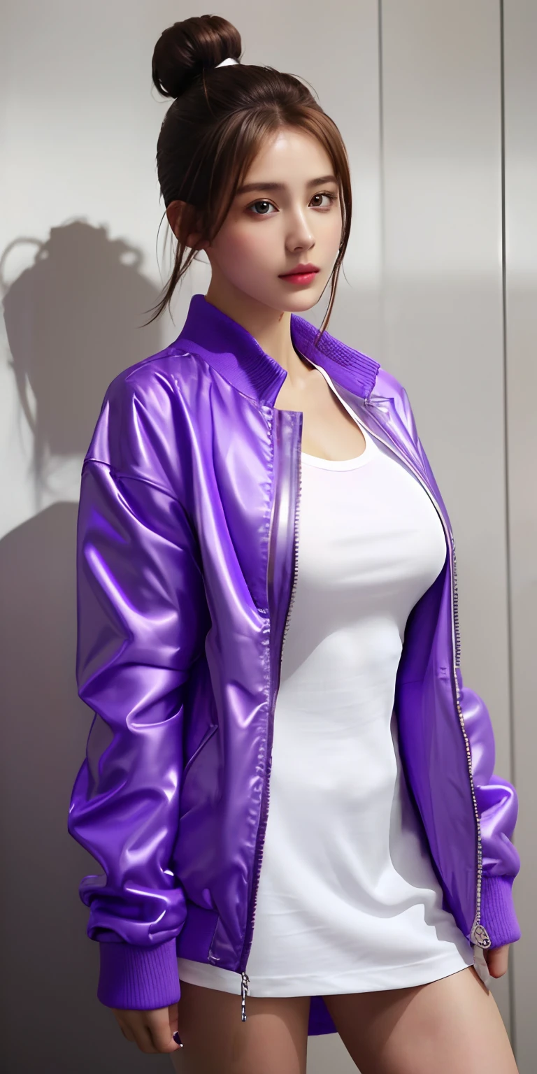 1girl, (purple jacket,closed jacket,brown yoga pants),brown hair,short hair, sitting a floor, detailed face, detailed eyes, huge breasts, shiny skin, looking at the audience,View from behind, (8k, RAW photo, best quality, masterpiece: 1.2), (realistic, realistic: 1.37), ultra-high resolution