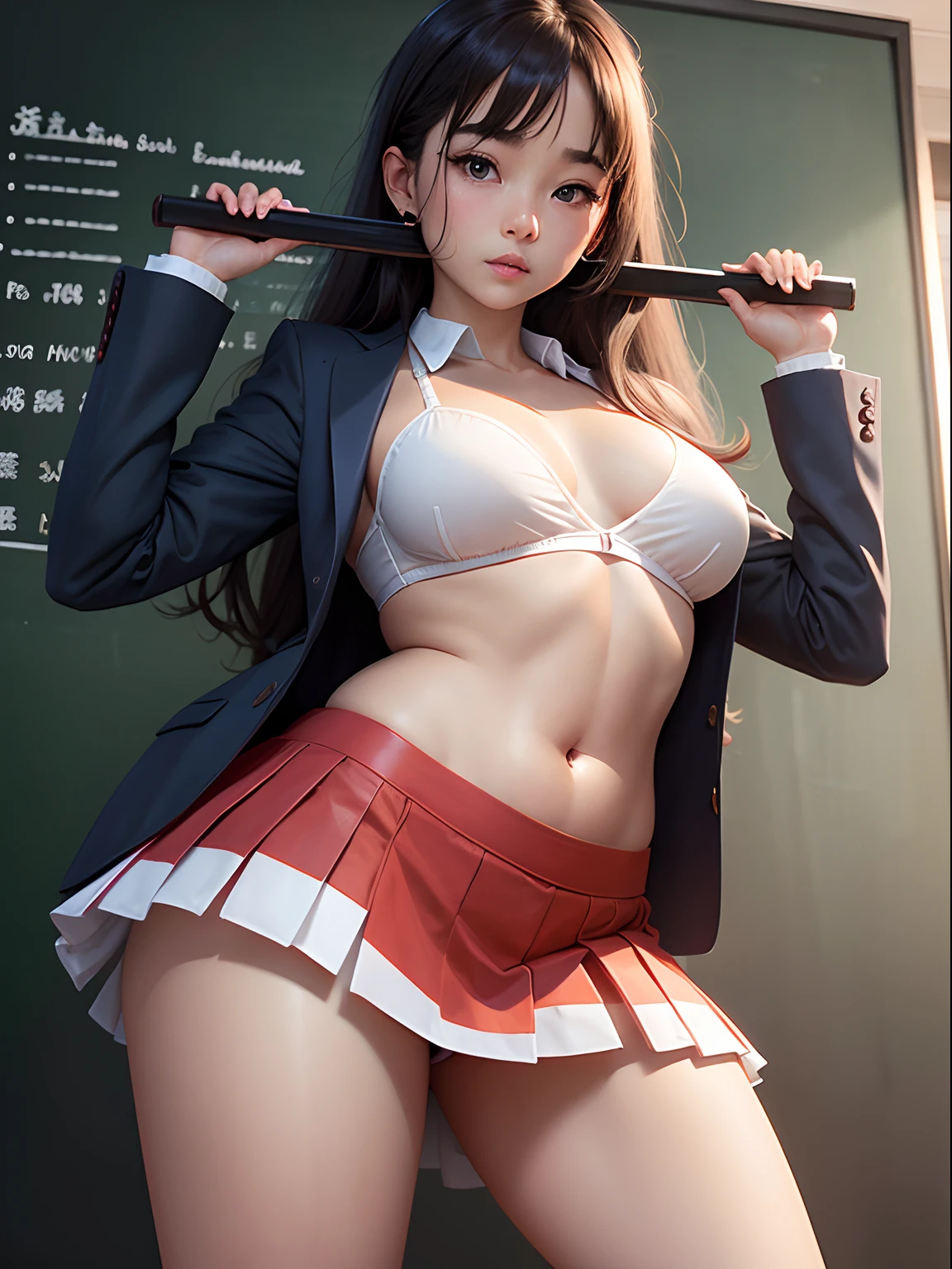Raw photo、Ultra-realistic photo quality、Perfect limbs、school classrooms、In front of the blackboard、30-years old、Female Teacher、Beautie、Longing face、Brown semi-long hair、makeup、Plump body、Dark blue jacket suit、White blouses、a miniskirt、white panty hose、red bra、The skirt is flipped up、Flipping up a skirt with your hands、Red panties are visible、Crisp cracks