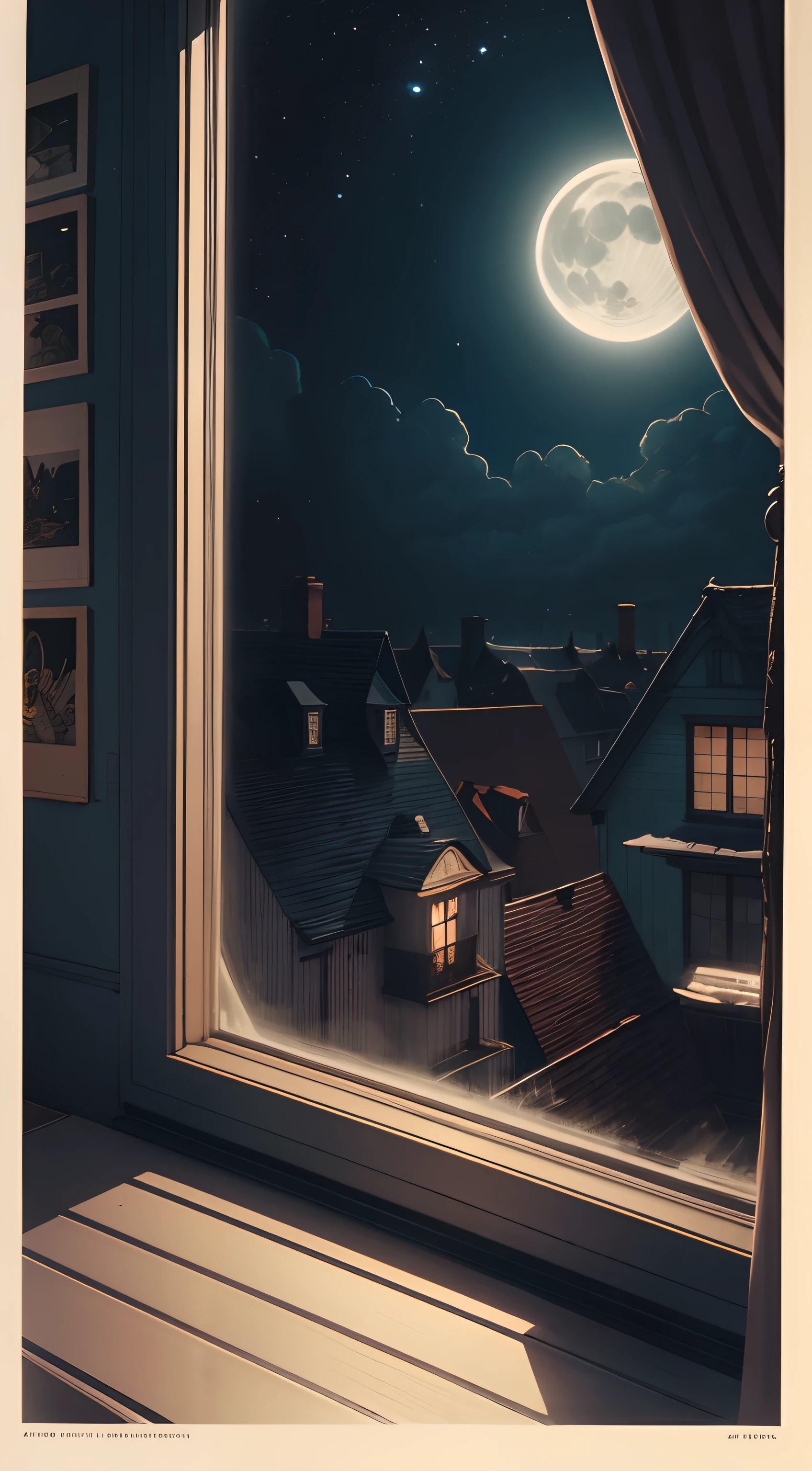 American Comics, The cartoon story is presented in several unusual colored panels... Soft moonlight shines from the bedroom window... This style is exaggerated and detailed..