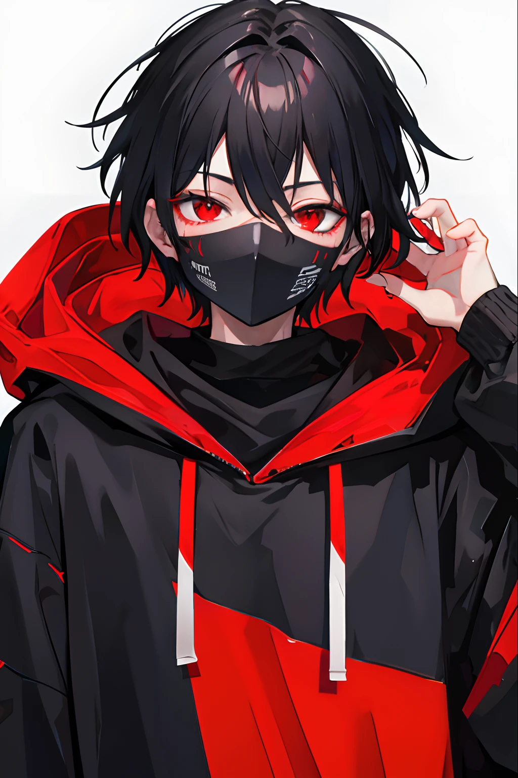 Generate a 2d Anime boy character in dark and red them with dark room in gaming lighting with awesome glow effect wearing a black body and black mask The Mask have unique design 