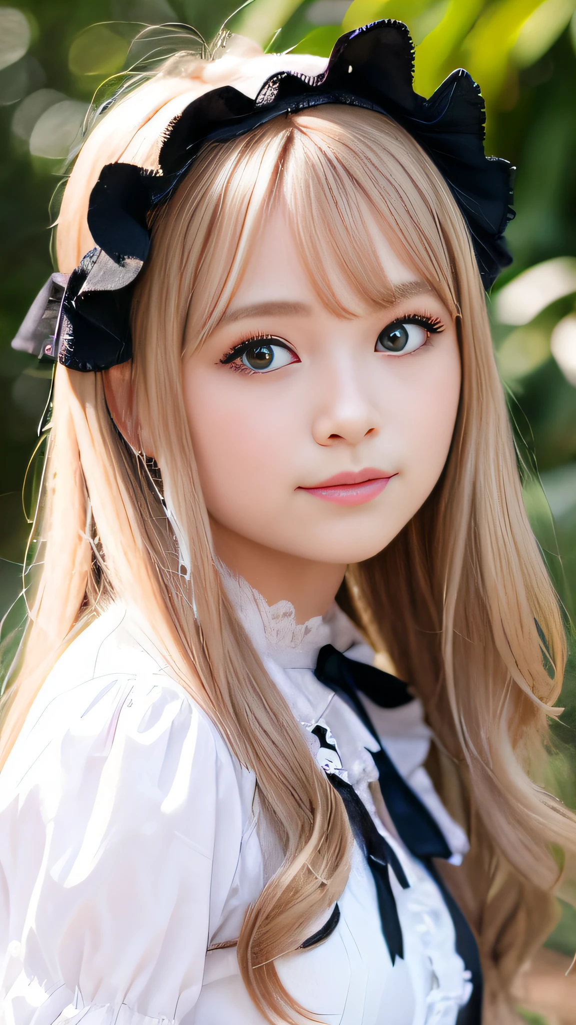 1 Nogizaka Musume、Very cute、a beauty girl、age19、(Gothic Lolita Fashion)、a blond、Looking at Viewer、Beautiful face, eyes and skin with exquisite detail、Fine black shiny hair、Classy ruffles、frilled tie、Ribbon tie、rose hair accessory、(Smile at the camera)、(up close shot)、(European seas)、profetional lighting、BREAK、(realisitic、Photorealsitic:1.37)、8K、(​masterpiece)、(top-quality:1.4)、(超A high resolution:1.2)、 (Raw photography:1.2)、(Delicate lace、Soft fabric、Beautiful rose pattern dress)、perfect anatomia、4 fingers and 1 thumb、seaside backgroud、(Wallpapers by Unity 8K)