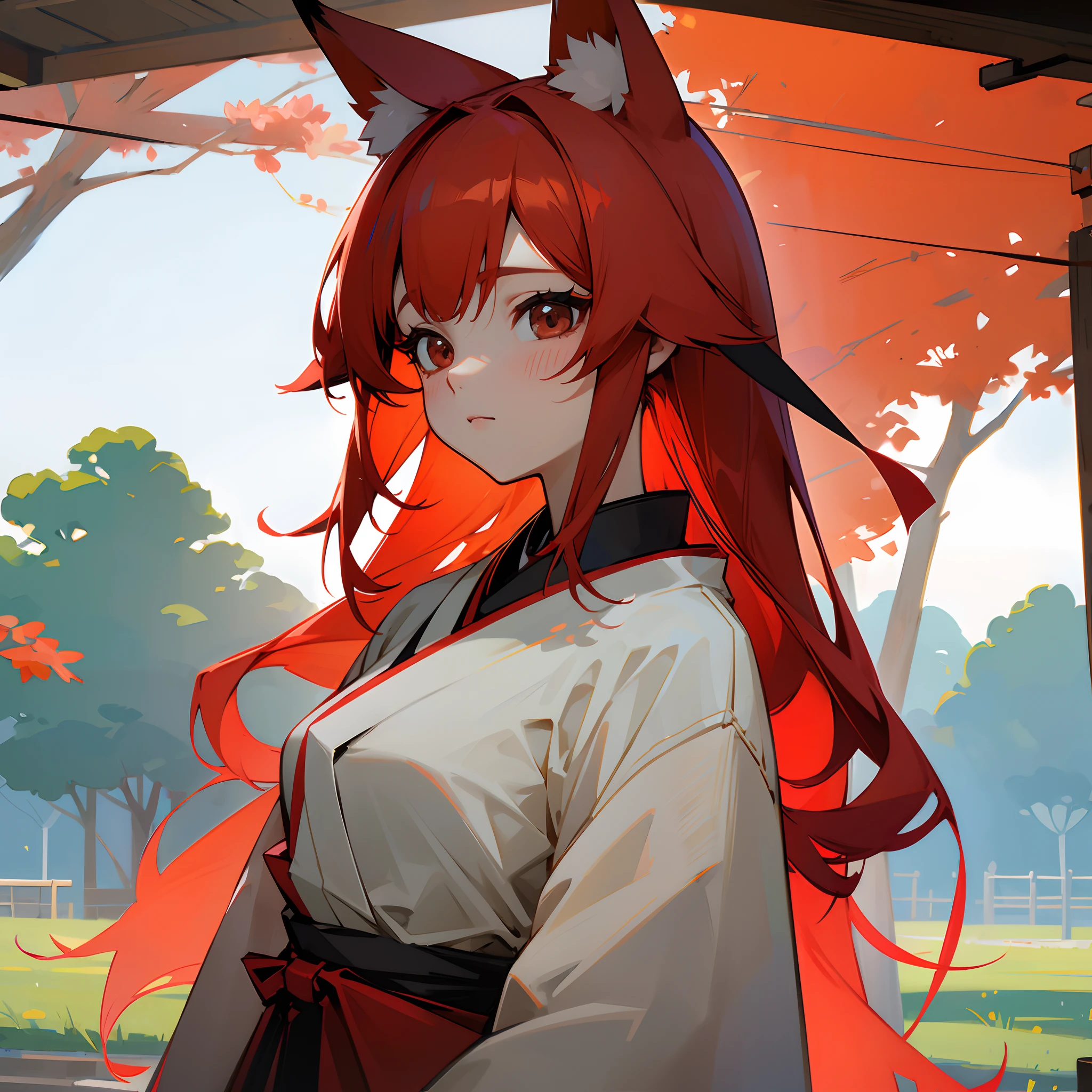 Fox ears、red hairs、komono、Hanging、a beauty girl