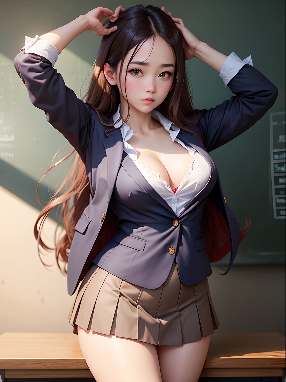 Raw photo、Ultra-realistic photo quality、Perfect limbs、school classrooms、In front of the blackboard、30-years old、Female Teacher、Beautie、Longing face、Brown semi-long hair、makeup、Plump body、Dark blue jacket suit、a miniskirt、white panty hose、Red BRA、The skirt is flipped up、Flipping up a skirt with your hands、Red panties are visible、Crisp cracks