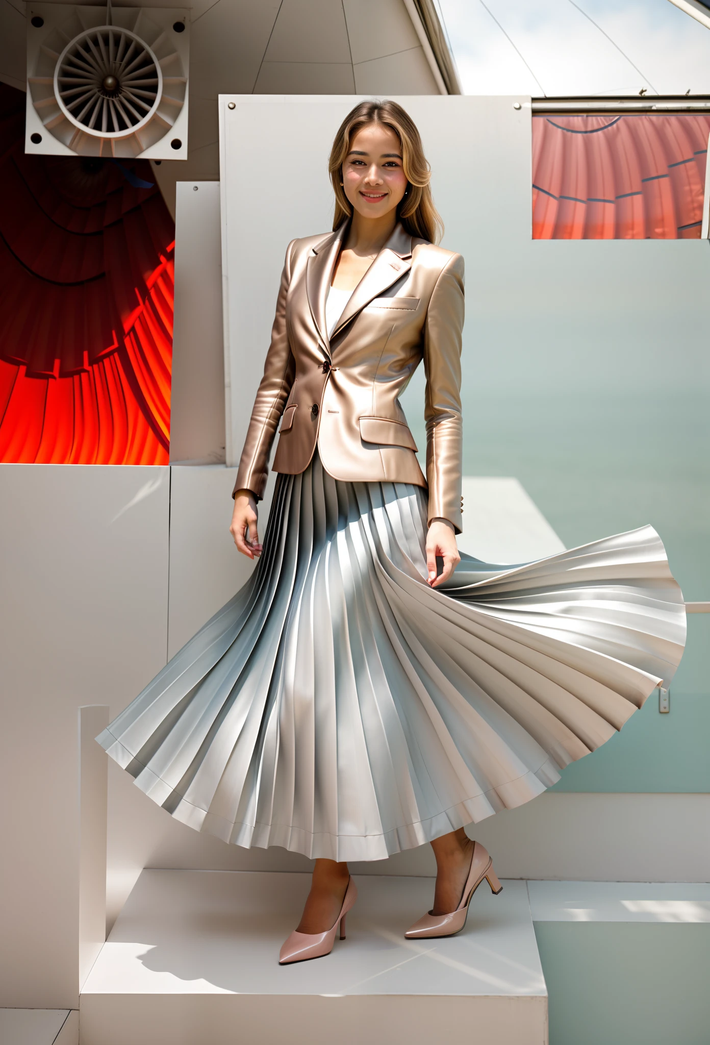 1951, smiling, very (young:1,9) girl wearing short blazer and very very detailed (long (fully pleated) full circle skirt) and (simple) low heeled office shoes, very very intricate hyper-detailed symmetric (attractive graceful young feminine face) with (sad, tired eyes and a shy smile), large breasts, full of empathy and compassion and love, (pronounced (feminine) features), (highly detailed ultra accurate realistic) hands and fingers, playing with skirt, dancing, (windy conditions and wind blowing), epic composition, highly detailed attributes, highly detailed atmosphere, (35mm f1.4 Kodak portra 400 photograph), extremely high quality RAW photograph,