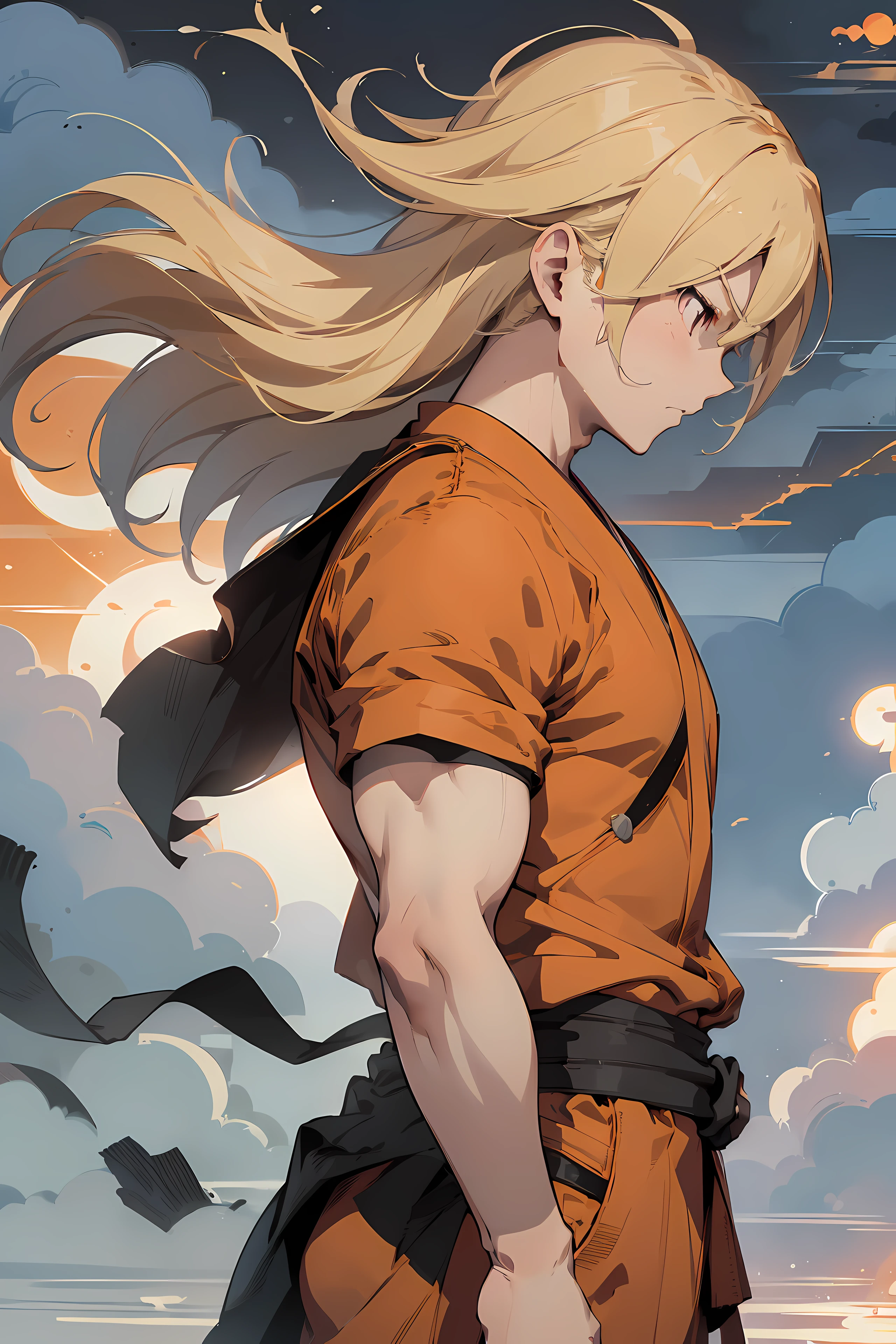 {(side view)}, serious expression, holding fireball, blonde hair, high detail 8k CGI, (inksplash art: 1.5), red sun background, flat background, muscular build, bulky form, ripped physique, (face detail: Goku), pure, sad, orange samurai uniform armor, feudal japan rooftop background, (1boy), foggy ground