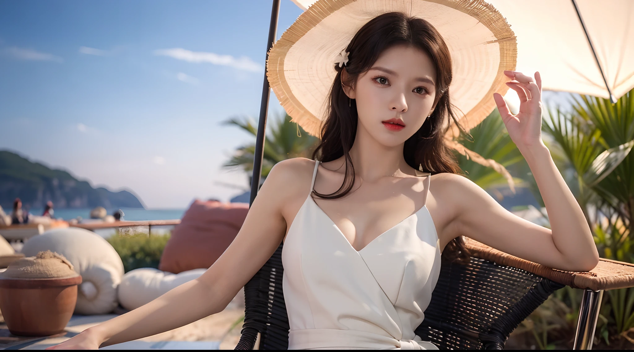 Realiy,8K,超高分辨率,Front light,rays of sunshine,suns,photographed,(the sea,sandbeach,visitor,deck chair,Iot,sea shell,Kayaking,baiyun:1.2),cotton candy, Female celebrities,long whitr hair,shift dresses,(Jump up,Fly in the air)Hair_decorations, (Solo,solo person), Lace long gloves,jewelry,sash, Looking_at_peeping at the viewer, Bigchest,(A half body,中景 the scene is:1.3),Face lighting