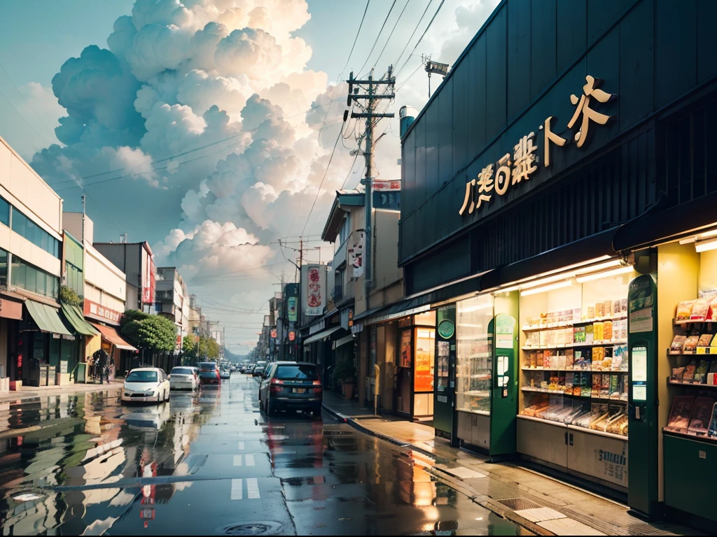 Japan's compact downtown street. vending machines, trash cans, Plant pots, offtake, ventania, fish tank, pipelines, electrical wires, The logo of a large Japanese store, Vintage Japan shop width. (No one :1), lots of people.Skysky，Cumulus pale，cumulonimbus clouds，Heavy rain is coming