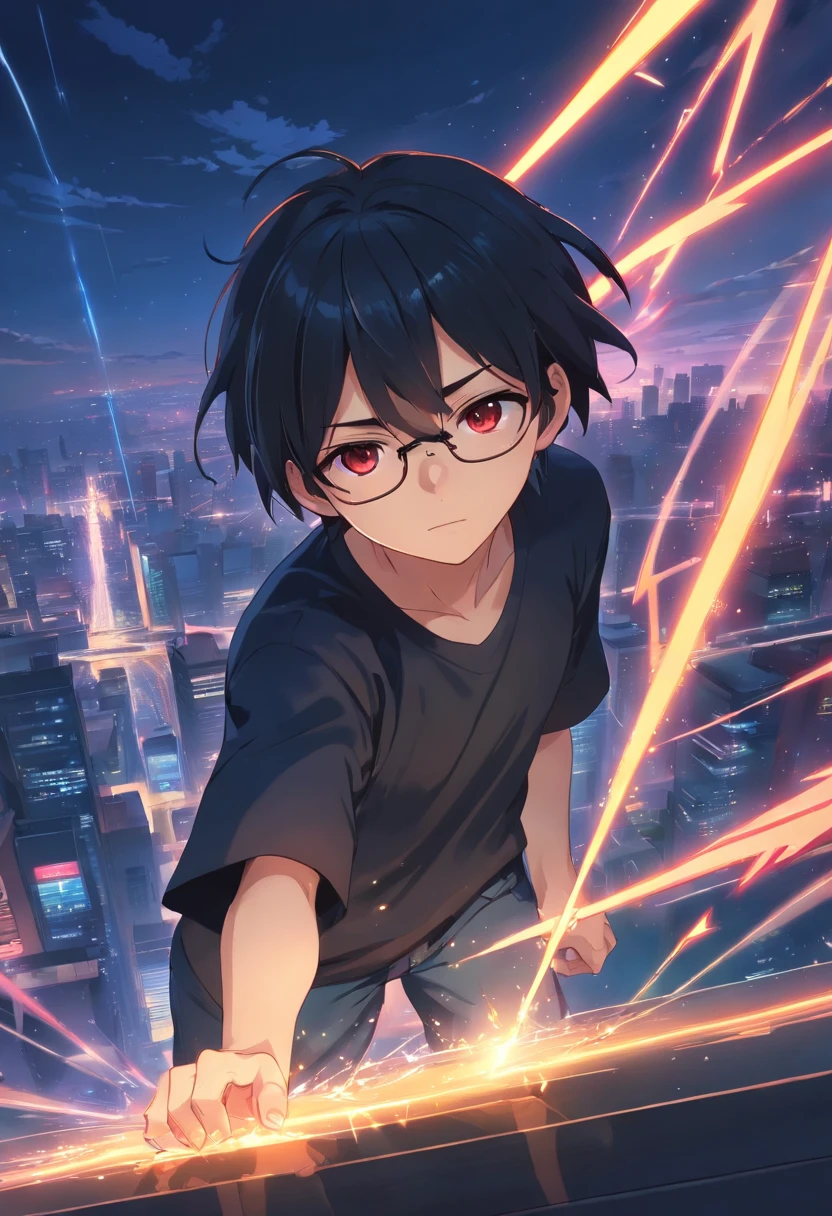 16 yaers old,Libido boy,Shota,Black color hair,black shirt,Square glasses,apathy,long whitr hair,with long bangs,messed up hair,Red eyes,Floating hair,glowing light eyes,magic rune,Catastrophic,Dynamic posture,Dangerous atmosphere,dreariness,be desperate, Glowing eyes, Intense, black shirt, floating clothes, Solo, modern, (Masterpiece:1.2), Best quality, high resolution, Beautiful detailed, Extremely detailed, Perfect lighting,