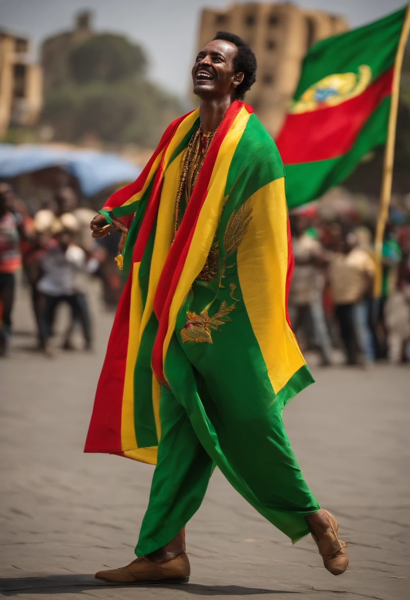 Joker wears Ethiopian flag and dancing Mesqel Square Addis Abeba Ethiopia