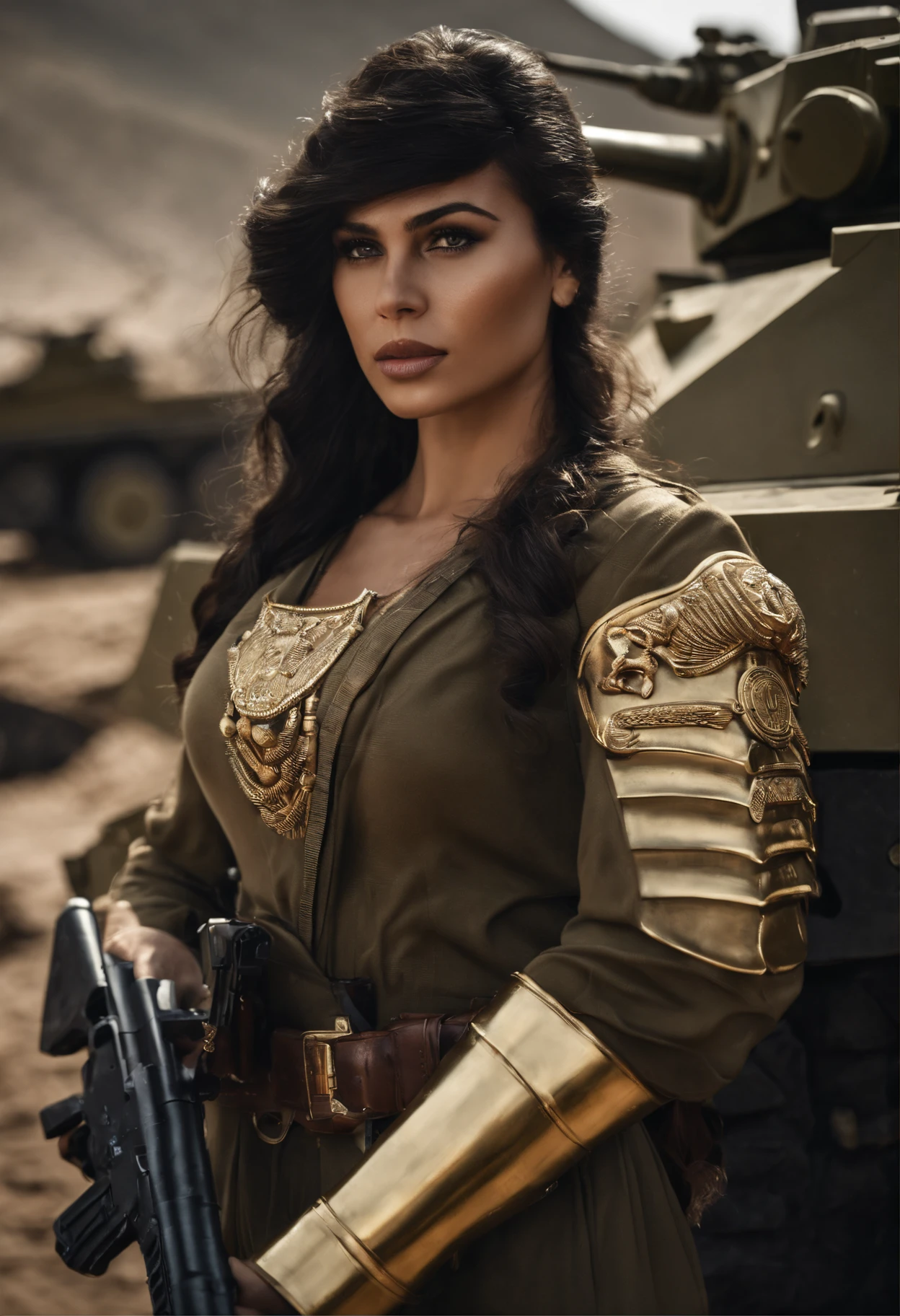 Gere uma imagem da personagem Mara, also known as 'Mara Death Dealer', do jogo Call of Duty: Guerra moderna: corpo inteiro, fisionomia cruel, ((Novo)) brincos grande, colar pulseira, rings, gold watch, na praia, sol poente, palmeiras, corpo escultural, flowing hair, ((metralhadoras, armas, Fuzil AK-47, Granadas, gold accessories)) standing on a ((tanque de guerra Russo T-14 Armata))
sem roupa