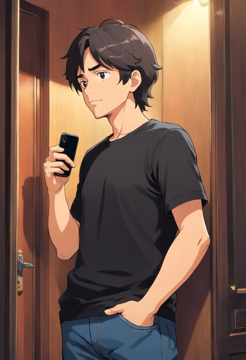 Middle aged man in black t-shirt and jeans , Hotel Rooms , Holding a mobile phone in one hand , Looking at the phone , Shoulder Level Shots