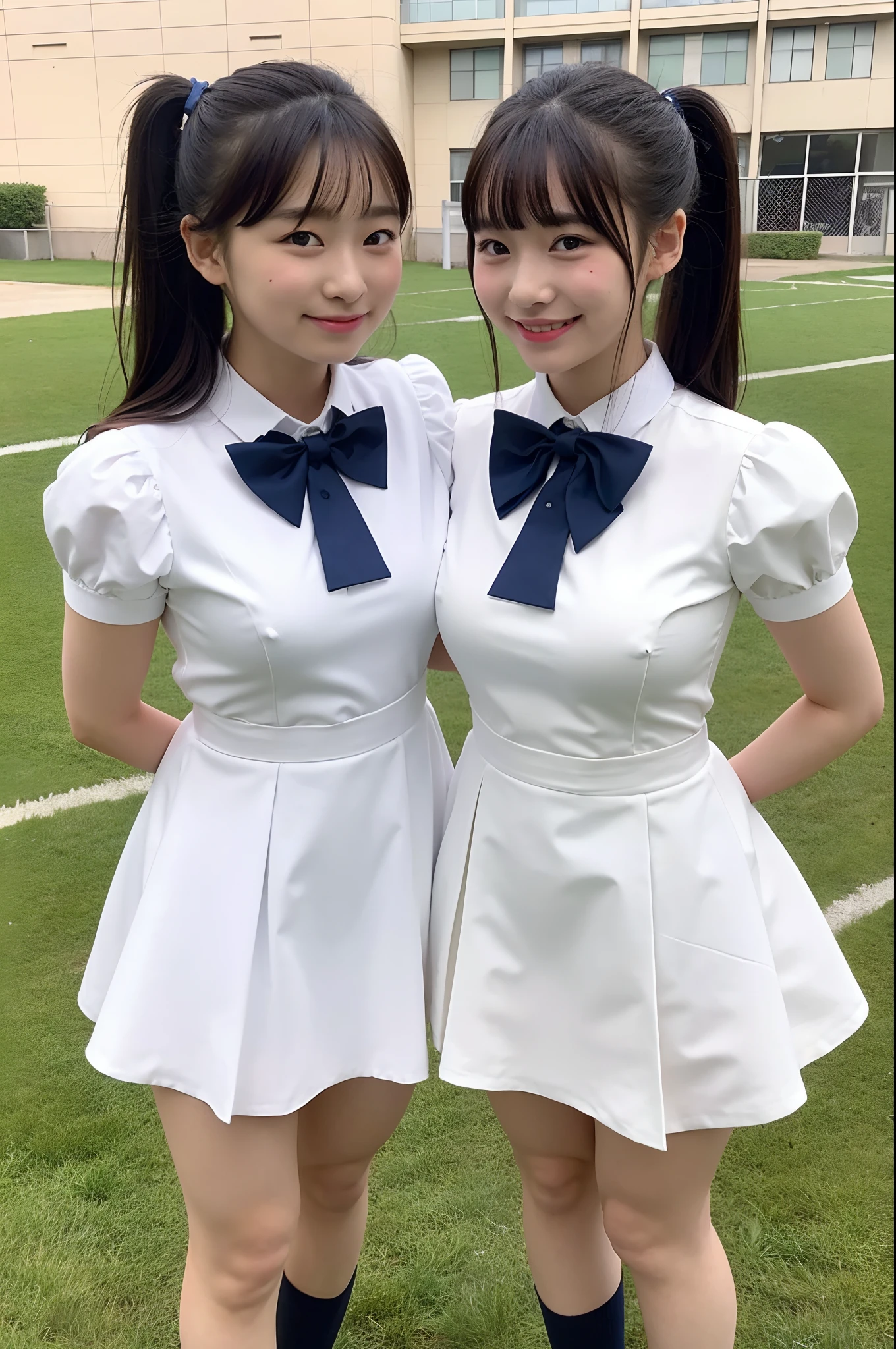 2 girls standing in school yard,white frilled dress with navy blue bow tie,18-year-old,bangs,a little smiles,thighs,knees,ponytail,from below